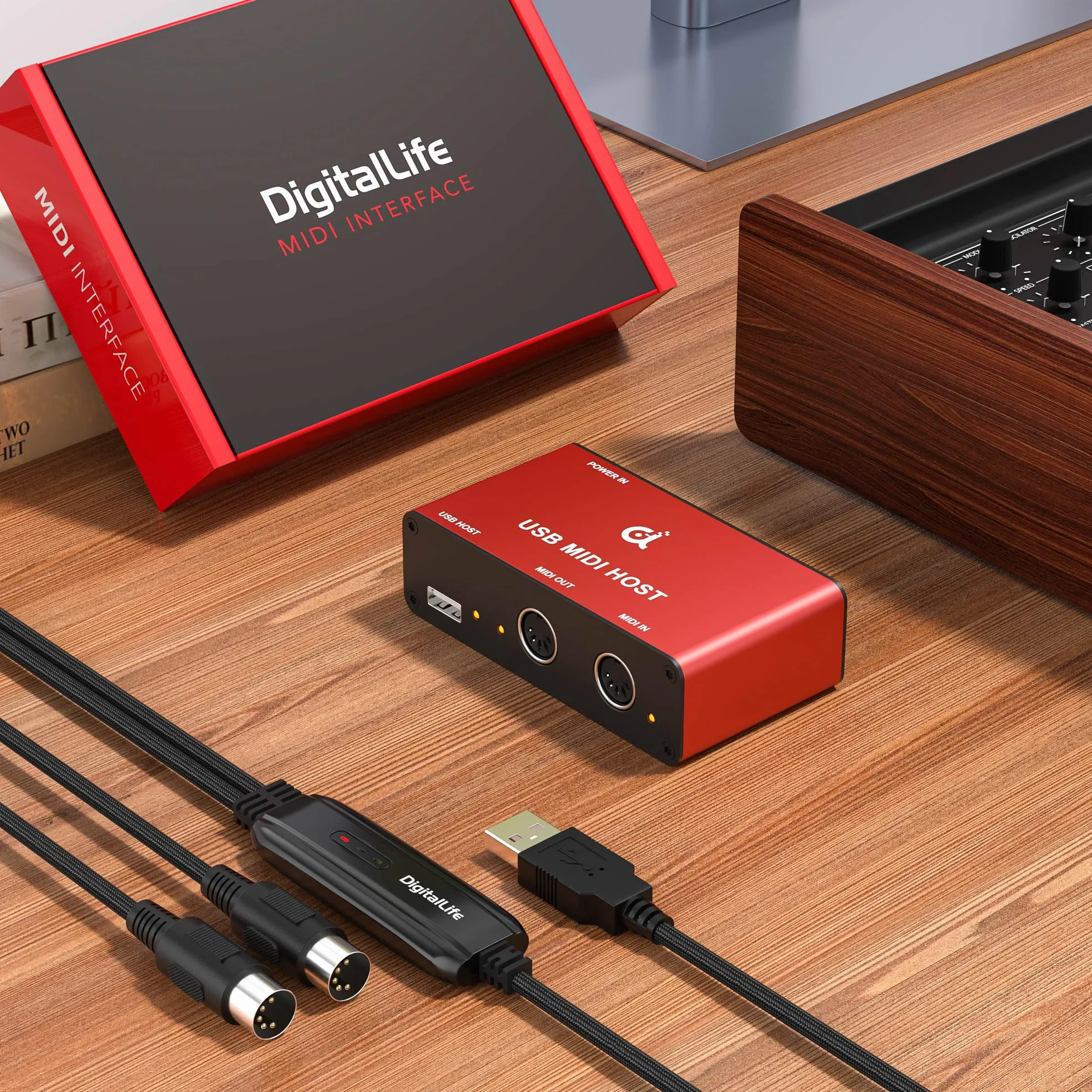 DigitalLife BridgeCore Serie | Eigenständige USB-MIDI-Host-Bridge Box, 1-In/1-Out, 5-Pin-DIN, LED, Metall – Für Anfänger, Studiomusiker & Live-Performer 【Rot, 1 Stück】
