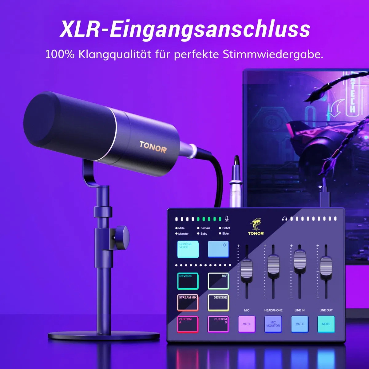 TONOR Gaming Audio Interface, Audio Mixer für Streaming, Podcasting, Studio Aufnahmen, 6,35mm und XLR-Kanal, Soundkarte mit RGB-Lichteffekten, für Gaming-Streamer, Content Creators TX310