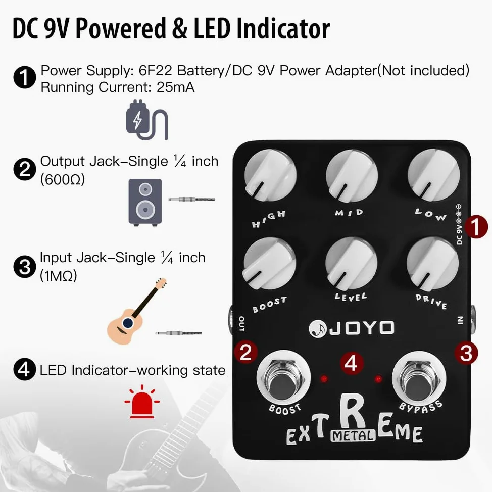 JOYO Extreme Metal Distortion Pedal mit 3-Band EQ und Low-Mid-High Gain Boost für E-Gitarre (JF-17)