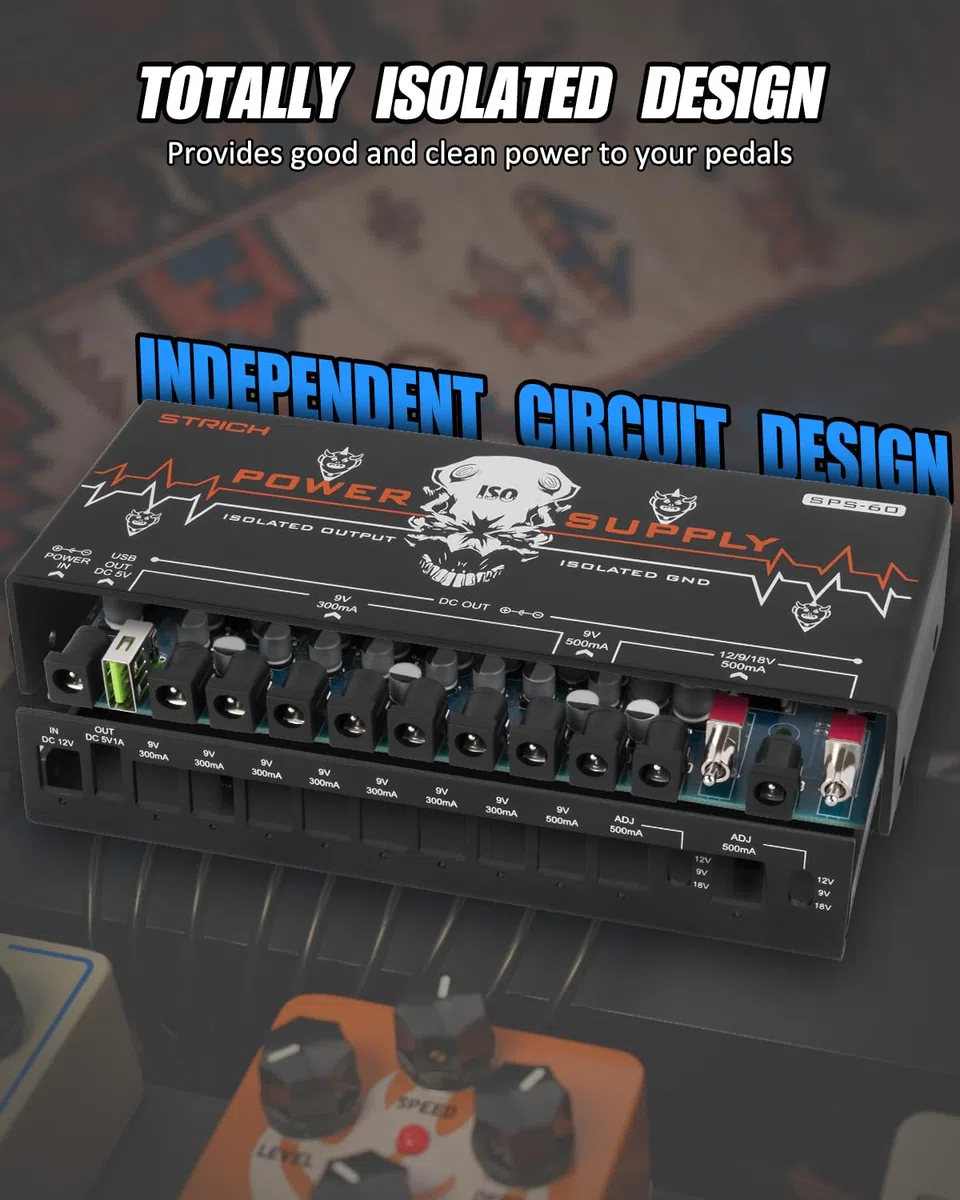 STRICH SPS-60 Netzteil für Gitarrenpedale, 10 vollständig unabhängige DC-Ausgänge, Netzteil für Pedalboard mit 9V/12V/18V (300mA/500mA), Hochleistungsversorgung für Gitarrenpedale, rückwirkungsfrei