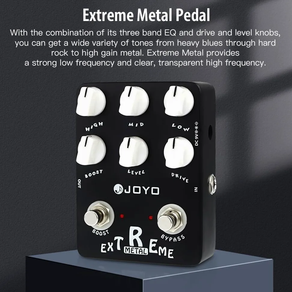 JOYO Extreme Metal Distortion Pedal mit 3-Band EQ und Low-Mid-High Gain Boost für E-Gitarre (JF-17)