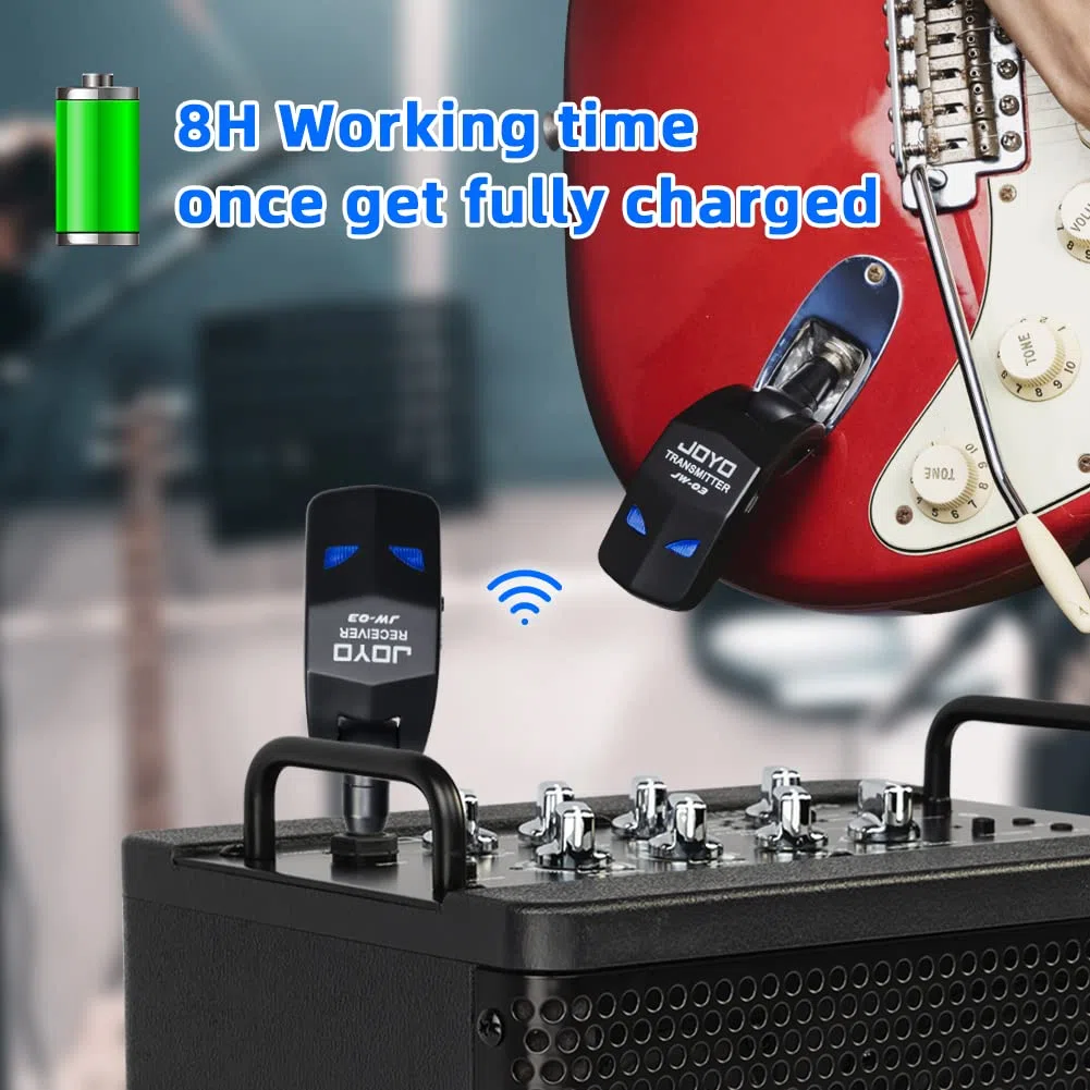 JOYO 2,4 GHz Wireless Guitar System 4 Kanäle Wiederaufladbarer Audio Wireless Transmitter Receiver für Gitarre Bass Elektrische Instrumente (JW-03)
