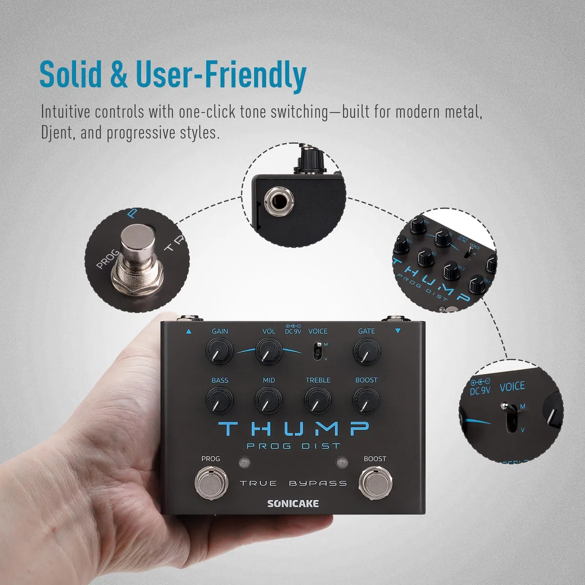 SONICAKE Distortion Pedal High-Gain Effektpedal mit Modern/Vintage 2 Klangmodi True Bypass Thump QDS-09