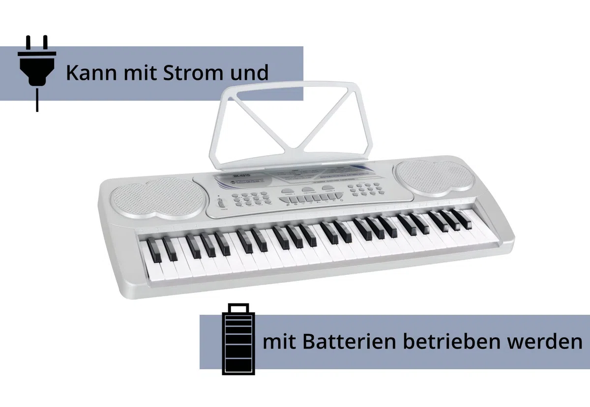 McGrey BK-4910SR Keyboard - Einsteiger-Keyboard 49 Tasten - mit 16 Sounds & 10 Rhythmen - 8 Percussion-Sounds & 6 Demo-Songs - Mikrofon & Notenhalter - Silber