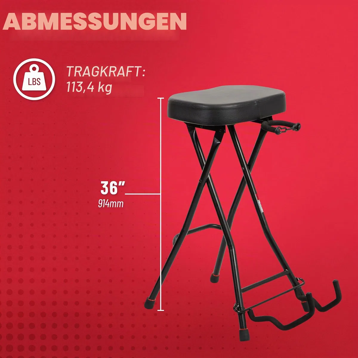 Gator Frameworks Faltbarer Gitarrenhocker mit gepolstertem Sitz und rückseitig montiertem Gitarrenbügel; (GFW-GTRSTOOL)