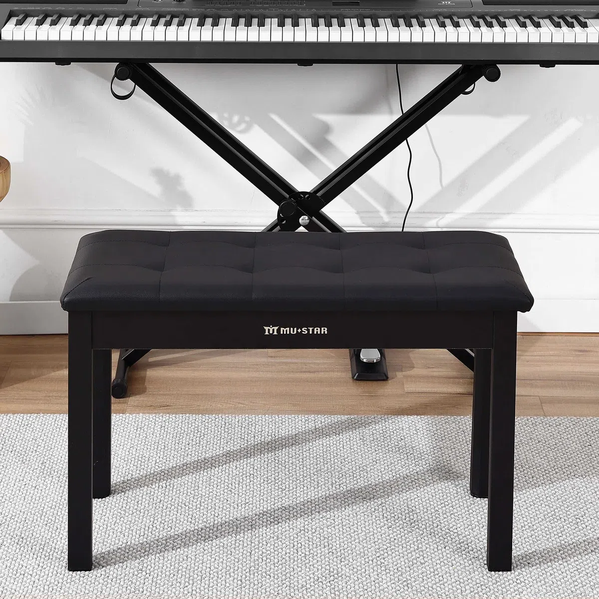 MUSTAR Pianobank mit Stauraum, 74cm Großer Sitz Massivholz Keyboard Bench, Digital Piano Stool aus Weichem Kunstleder, Schwarz