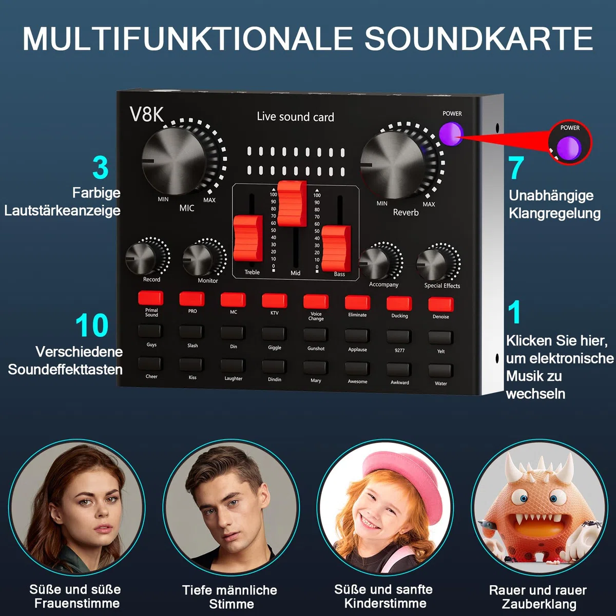 Podcast Mikrofon Bündeln, Audio Interface mit Cardioid Designer BM800 Mikrofon für Gamer und All-in-One Mischpultr, Perfekt für Live Streaming, YouTube, Gaming