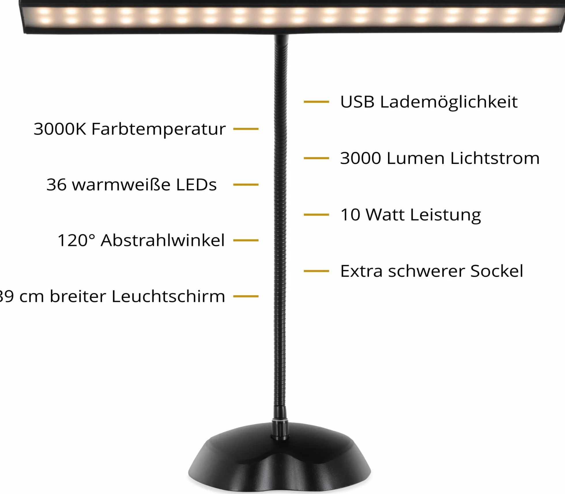 Classic Cantabile 12220 Dimmbare Pianoleuchte Weiß - 36 helle LEDs - 38 cm langer Schwanenhals - Integrierter USB-Ladeanschluss für Smartphone oder Tablet - Schwarz
