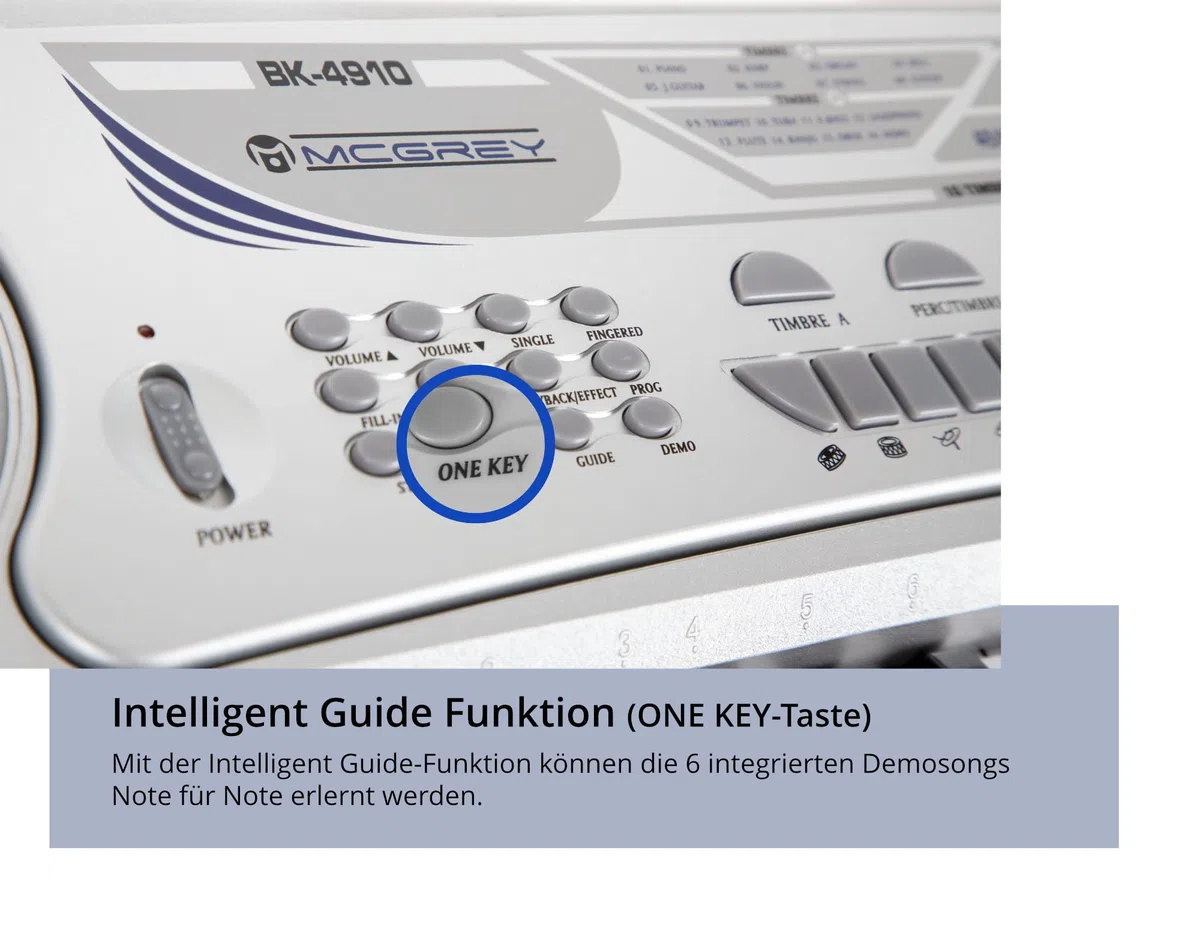 McGrey BK-4910SR Keyboard - Einsteiger-Keyboard 49 Tasten - mit 16 Sounds & 10 Rhythmen - 8 Percussion-Sounds & 6 Demo-Songs - Mikrofon & Notenhalter - Silber