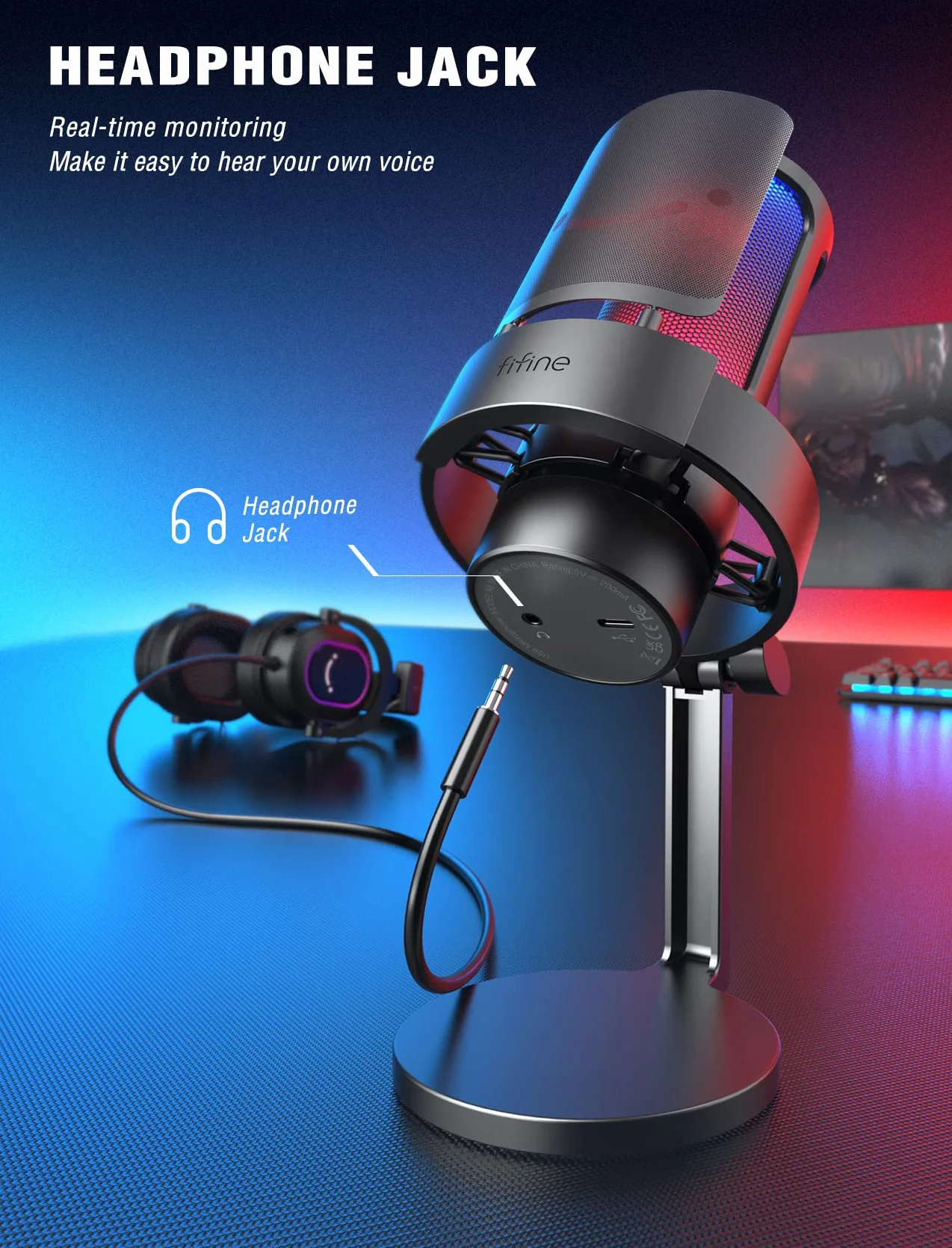 FIFINE USB Mikrofon PC, Gaming Mikrofon für Streaming Podcast Studio, Microphone USBC für PS4 PS5 MAC mit RGB-Steuerung, Stummschalter, Kopfhöreranschluss, Popfilter