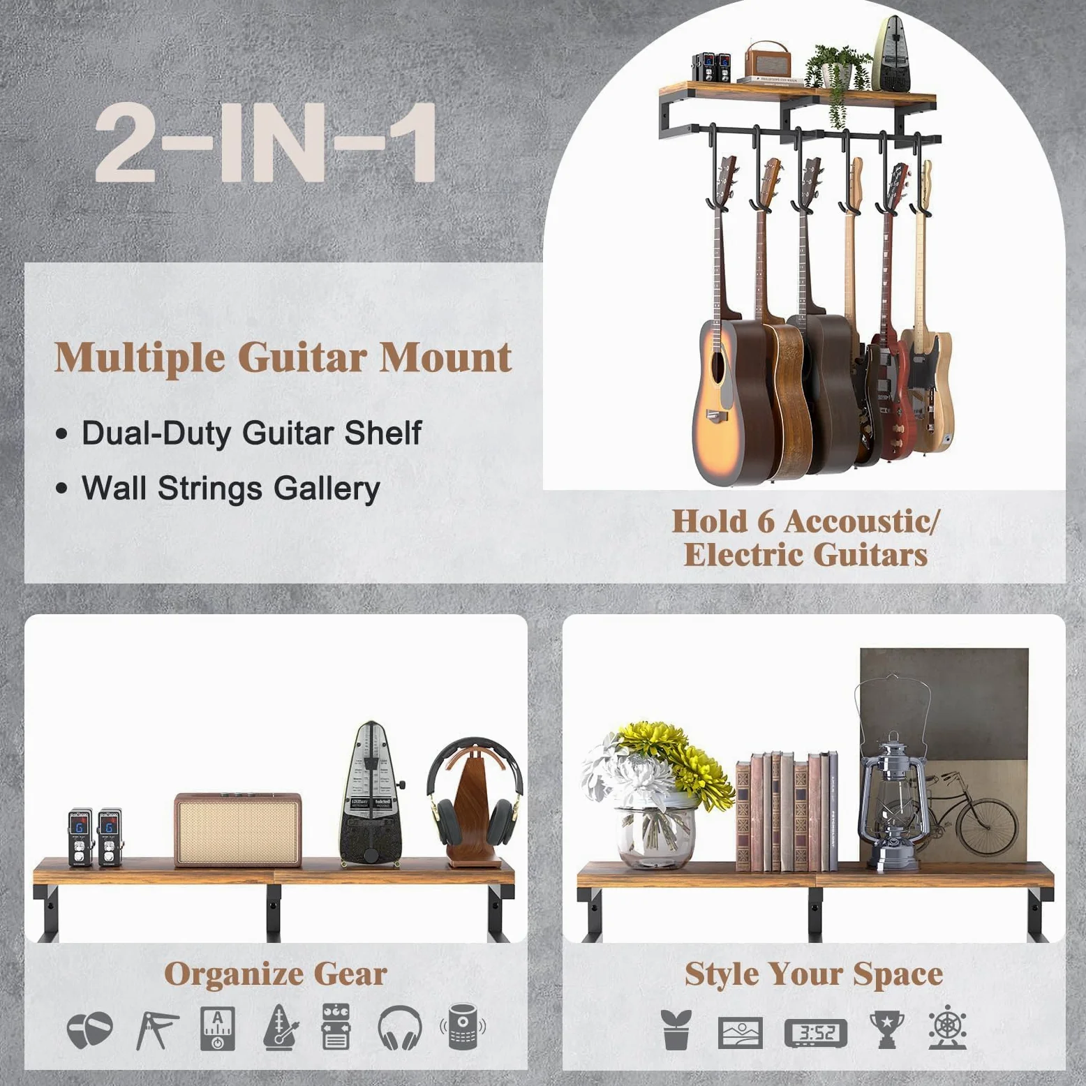 Gitarrenhalter für die Wand, 6 Gitarren Wandhalterung, Wandhalterung Gitarre mit Groß Regal, Gitarrenhalter Wand für Akustikgitarre Bass e Gitarre Ukulele Ständer Zubehör Double-Sided