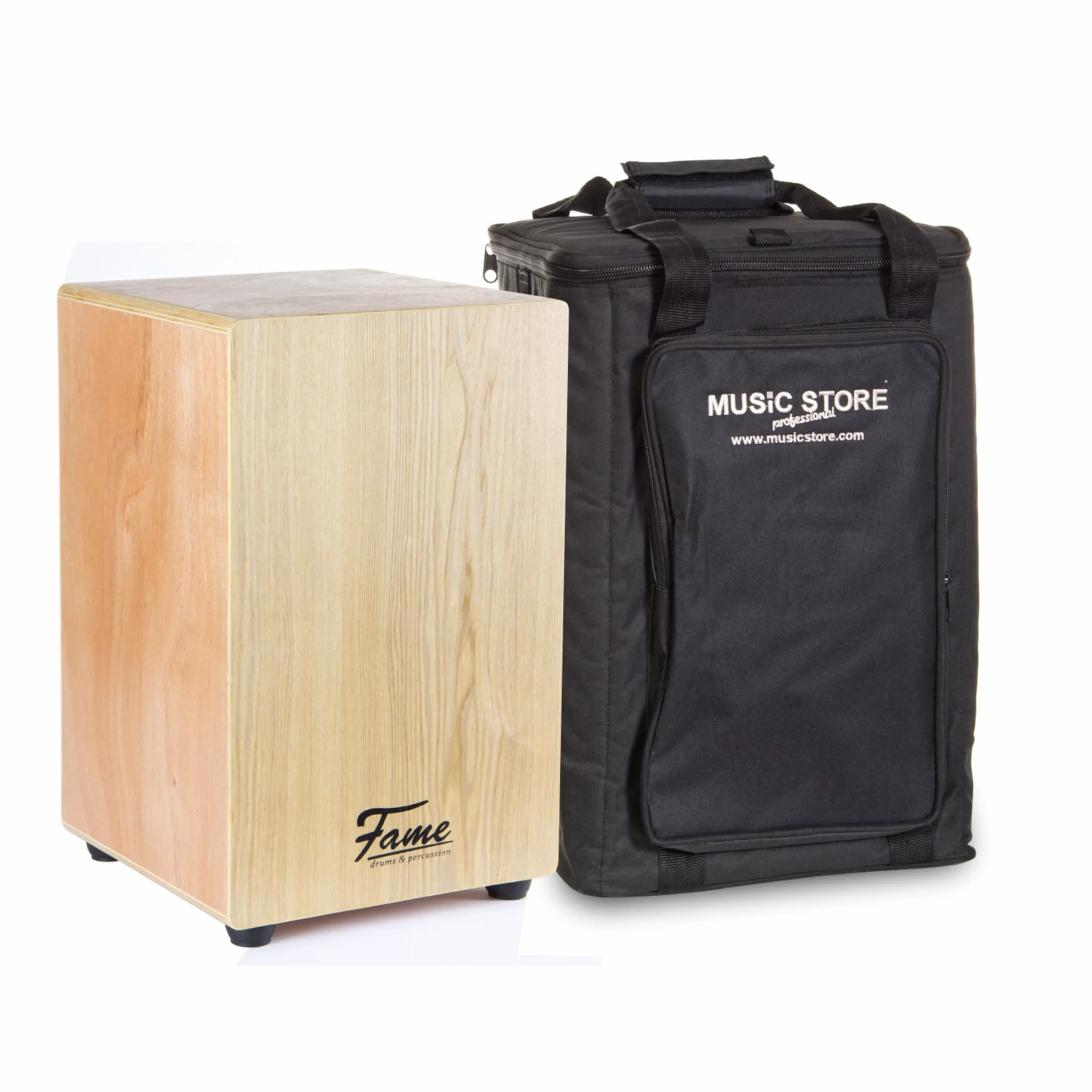 Fame Cajon-Set, Beginner Cajon mit Tasche, Natur Esche Holz, Matt Finish, Gitarrensaiten, 30x30x48 cm, inklusive Stimmschlüssel