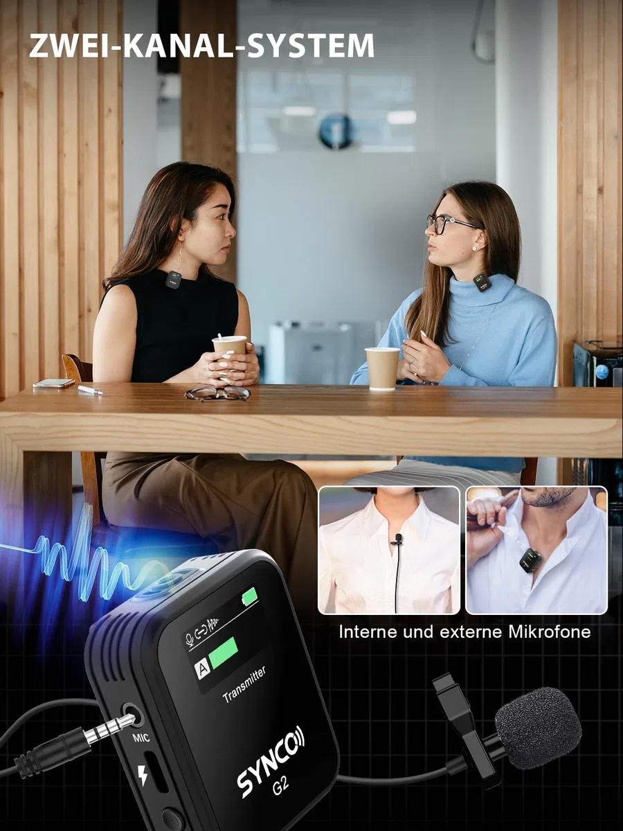 SYNCO Wireless Lavalier-Mikrofon, G2(A2) 2.4G Dual Transmitter 48KHz 24Bit Kabelloses Ansteckmikrofon 200m 8H für Online-Kurse Vlogs Streaming für Kamera Smartphone Tablet