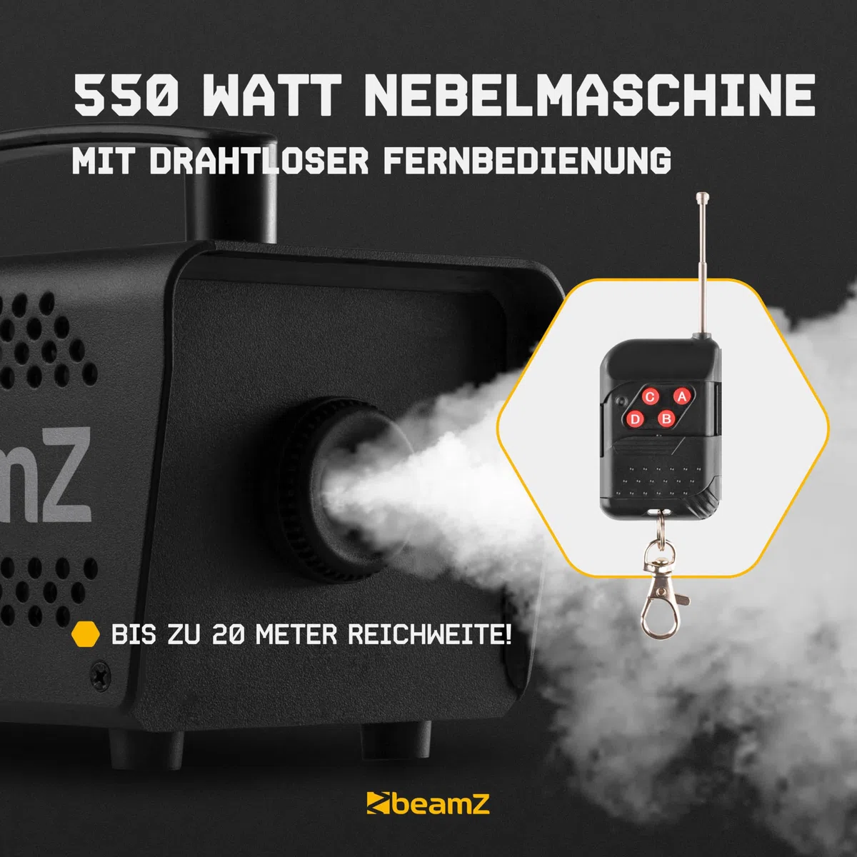 BeamZ S550 Nebelmaschine Mini mit Funk-Fernbedienung, inkl. 5 Liter Nebelfluid, 550 Watt Mini Rauchmaschine, Nebelmaschine Halloween, Fog Machine, Fogger, Smoke Machine für Partys, DJs, Hochzeiten