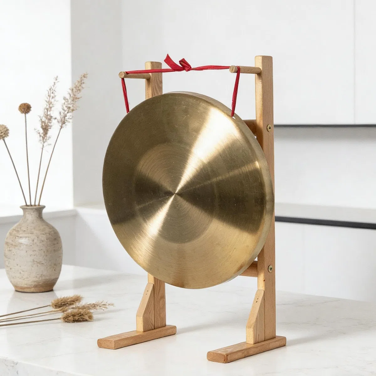 Gongständer Aus Holz für Gongs bis 40 Cm (15,75 Zoll), Vielseitig Einsetzbar, Tragbar, Als Präsentationsständer Oder Windspielständer für Schreibtisch