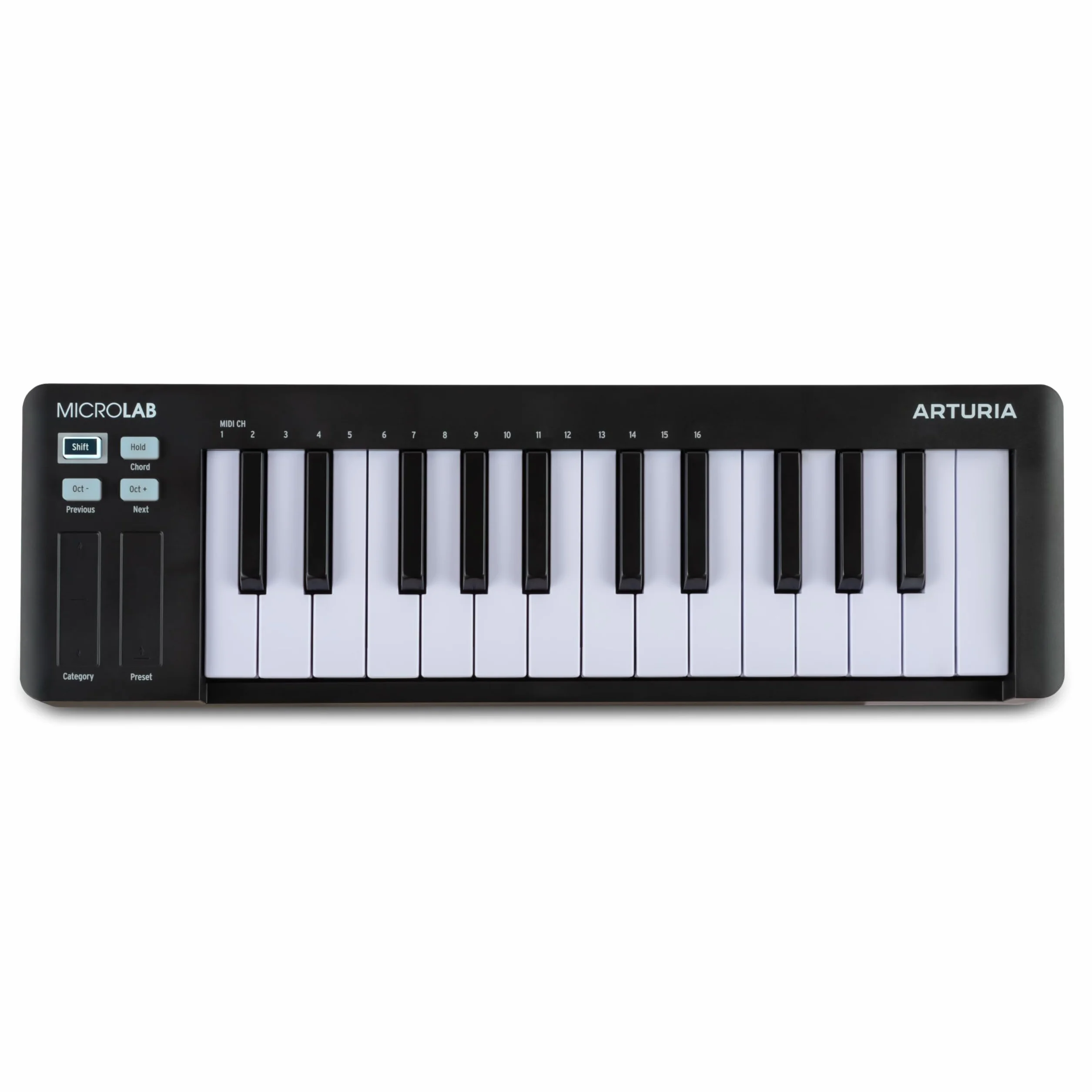 Arturia MicroLab mk3 – kompaktes, anschlagsdynamisches MIDI-Controller-Keyboard mit 25 Tasten, Dual Touch Strips, Akkordmodus, Sustain-Pedal-Input – Schwarz