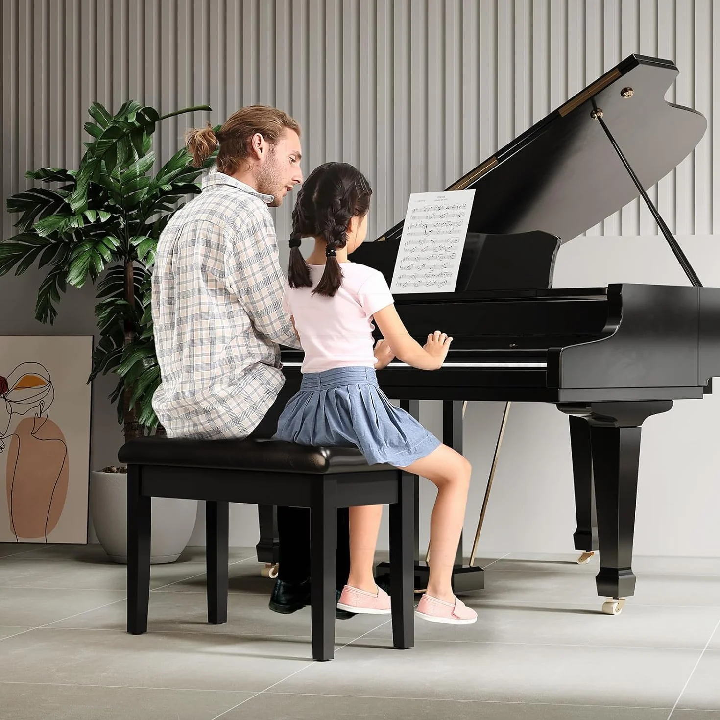 MAMIZO Klavierhocker, Klavierbank 74x35x49CM, Klavierstuhl mit Stauraum, Pianobank mit 4CM Dickes PU-Lederkissen, Massivholz Keyboardbank, Piano Bench, Klavier Hocker bis 200KG Belastbar, Schwarz