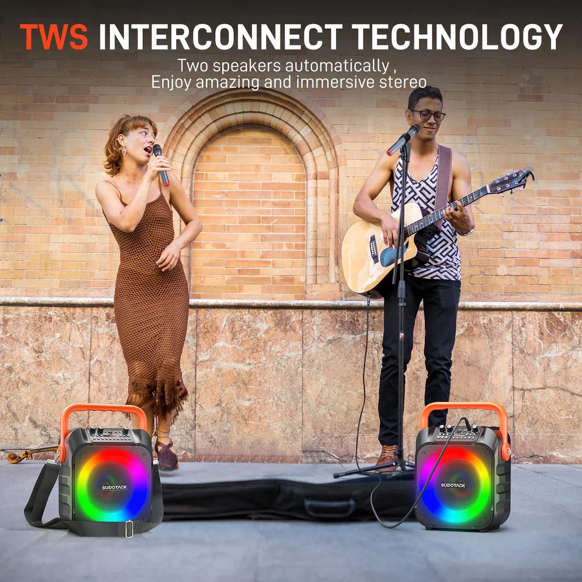 SUDOTACK Tragbare Karaoke Maschine mit 2 kabellose Mikrofone, Bluetooth Lautsprecher Box für Erwachsene/Kinder mit Lichteffekte, Unterstützt TF/USB, AUX in, FM, REC, TWS für Karaoke, Party, Geburtstag