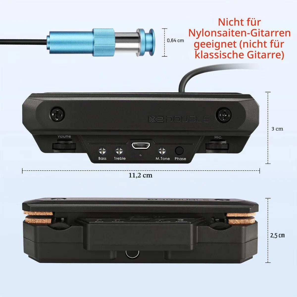 Aktives wiederaufladbares akustisches Gitarrenmikrofon, verstellbar mit Magnetspule und integriertem Lautstärkeregler