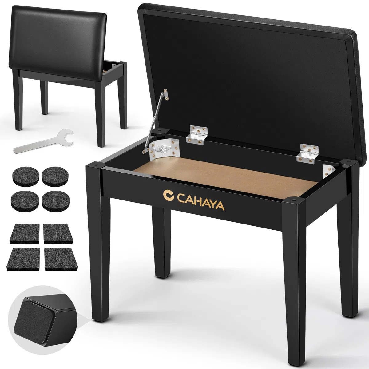 CAHAYA Multifunktional Pianobank mit Stauraum Massivholz: 56 * 34cm PU Leder Gepolsterter Klavierhocker mit Ablagefach - Tragfähigkeit 150 kg Schwarz CY000397
