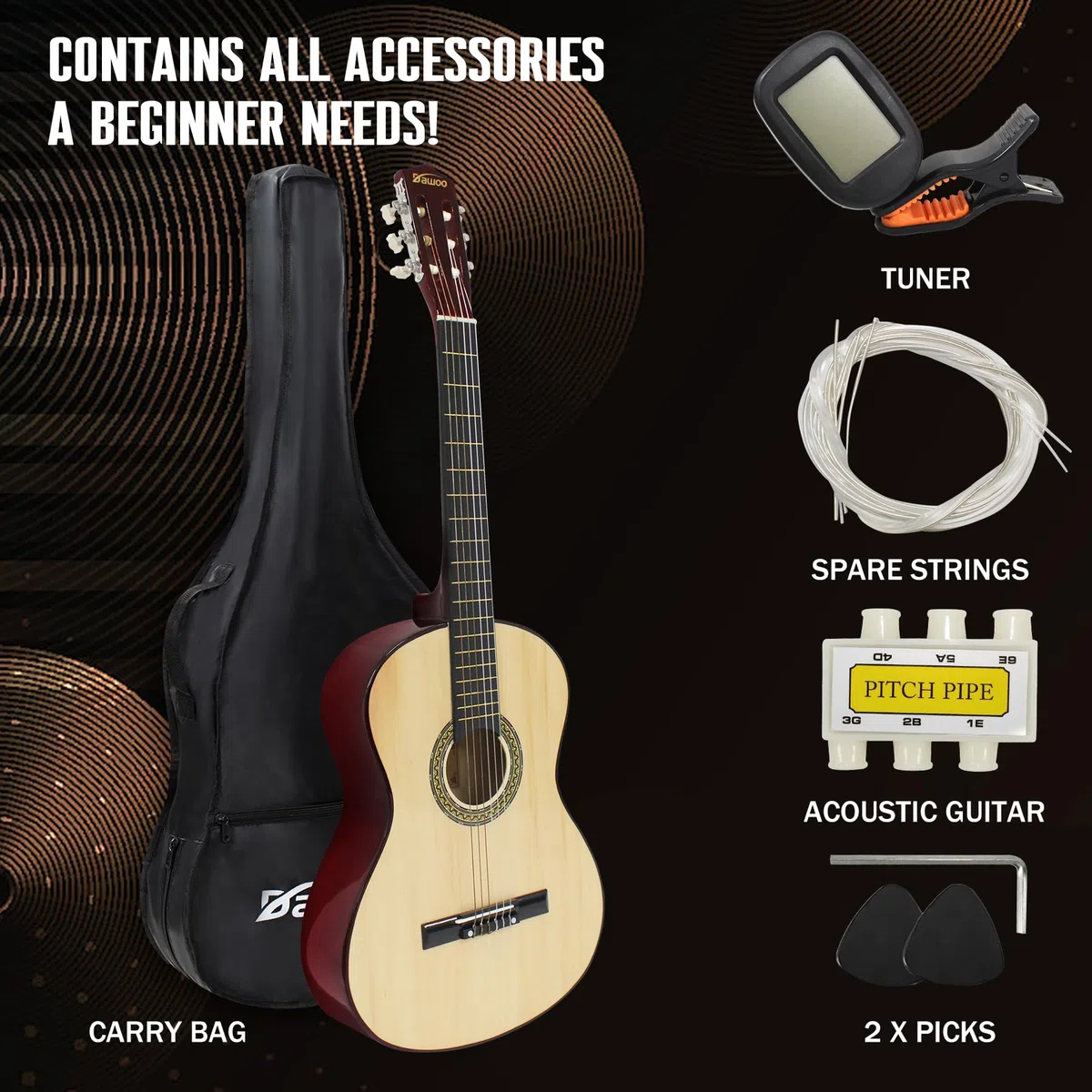 Dawoo Klassisches Gitarren Starter Set (komplettes Anfängerset mit Akustikgitarre, Gigbag, Ersatzsaiten, Plektren und Pitchpipe) (39 Zoll)