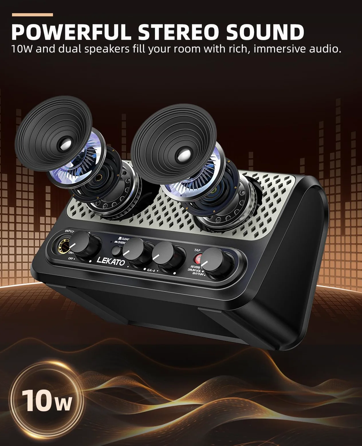 LEKATO Mini-Gitarrenverstärker mit integrierter Drum-Machine – 10 W tragbarer E-Gitarrenverstärker, Clean/Overdrive, 30 Rhythmen, Bluetooth, Kopfhörerausgang, 7 Stunden Akkulaufzeit, Typ-C-Aufladung