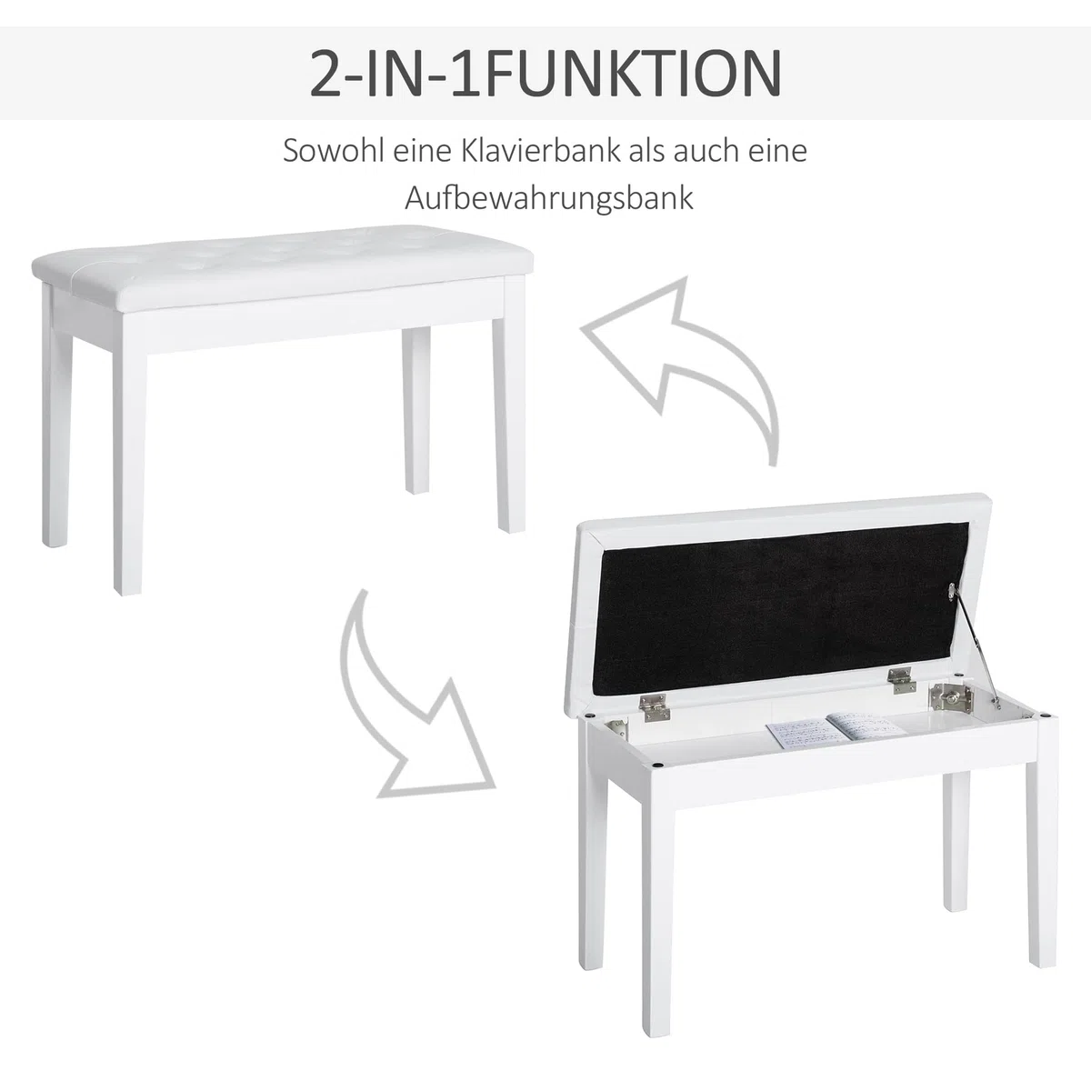 HOMCOM Klavierhocker, Klavierbank mit Verstecktem Stauraum, Klavierstuhl mit Kunstleder Kissen, Pianobank, Massivholz Keyboardbank für Piano, Keyboard, 76 x 36 x 50 cm, Weiß