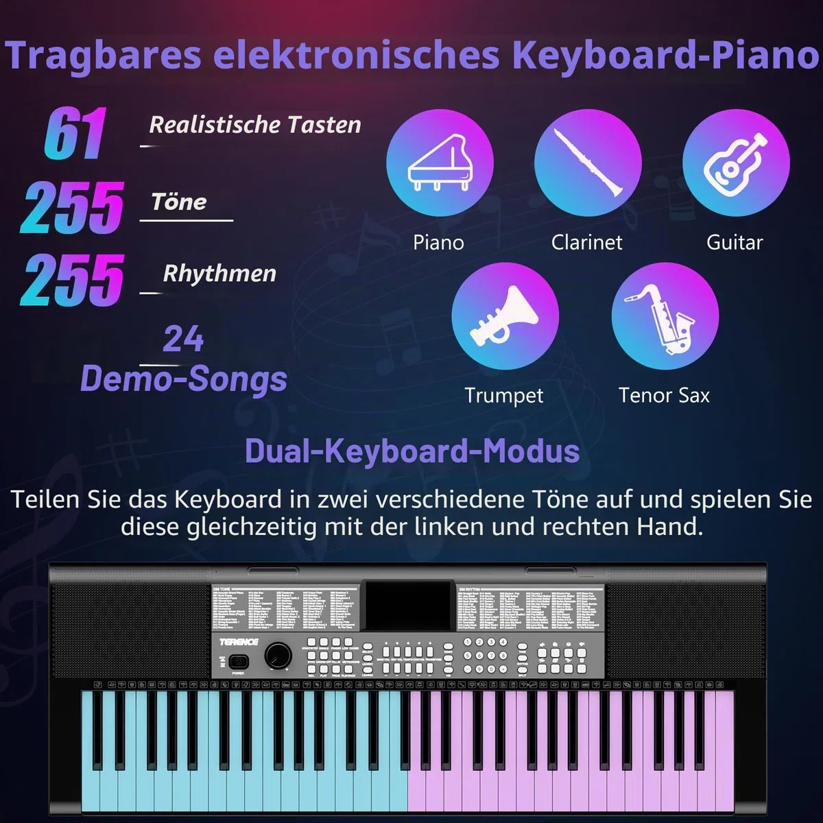 TERENCE Keyboard Piano 61 Tasten Duale HiFi-Lautsprecher e Piano mit 51 Funktionstasten LED-Anzeige Duale Tastatur 2 Stromoptionen Digital Piano Unterstützung für Headset und Mikrofon