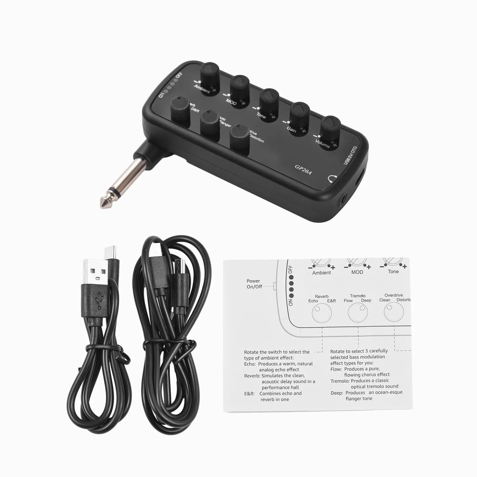 Kopfhörer -Bassverstärker mit 3 Lautsprechersimulationen Plug & Play für Elektro -Bass -Musikinstrumentengitarren -Amp -Mini -Verstärker Tragbar 3 in Modulationstönen und (Gitarre)