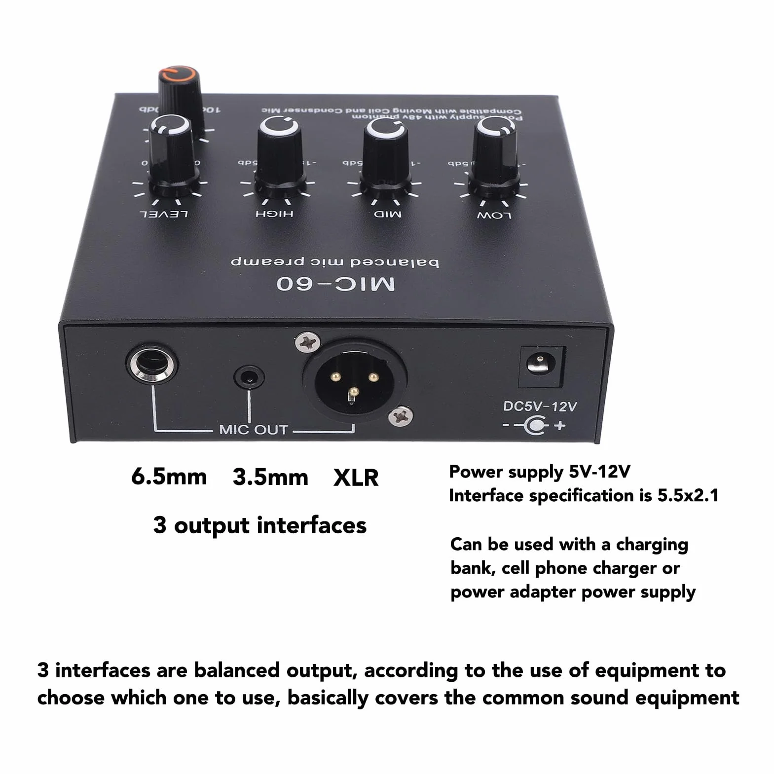 Balanced Mikrofon Vorverstärker Professionell Hochwertiger Klangverstärker mit 48V Phantoms Speisung XLR Ausgang für Studioaufnahmen und Live Streaming schwarz kompakt