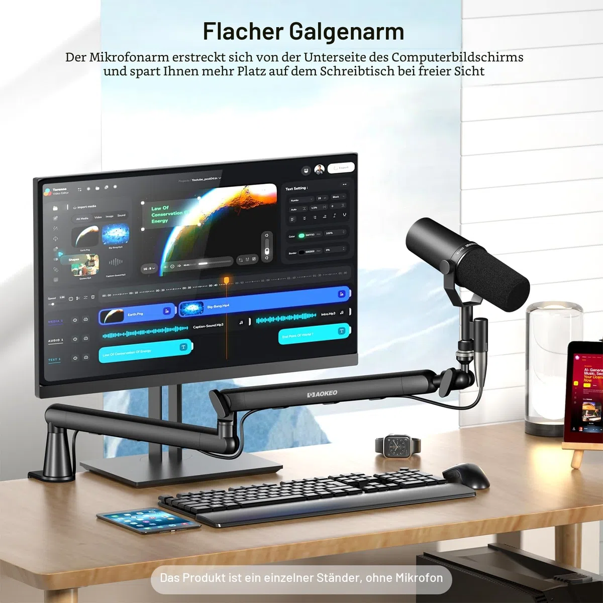 Mikrofon Arm,Aokeo AK-55 Niedriges Profil Mikrofon Ständer Arm für HyperX QuadCast,SoloCast,Elgato Wave,Shure SM7B,Blue Yeti,Blue Snowball,Broadcast,Studio Programm Aufnahme