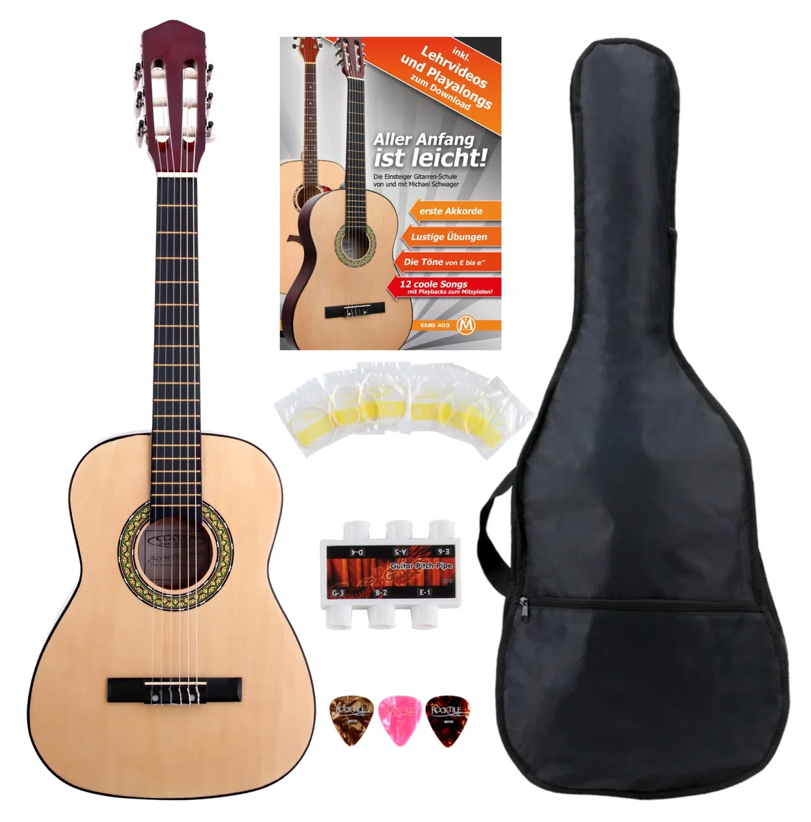 Classic Cantabile Acoustic Series AS-851-L Klassikgitarre 1/2 für Linkshänder Starter-SET (Konzertgitarre, Bag/Tasche, Schule, Plektren, Saiten, Stimmpfeife) natur