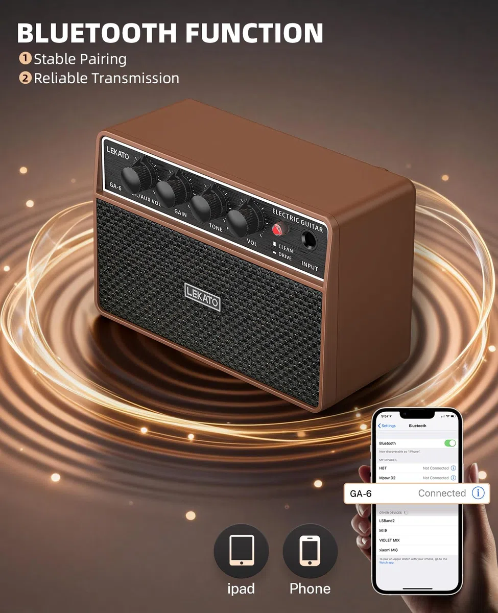 Mini-Gitarrenverstärker, LEKATO 10 W tragbarer Gitarrenverstärker mit Clean-/Overdrive-Kanälen, Bluetooth, Kopfhörerausgang und 6-Stunden-Akku, für das Üben zu Hause und Musikpartys