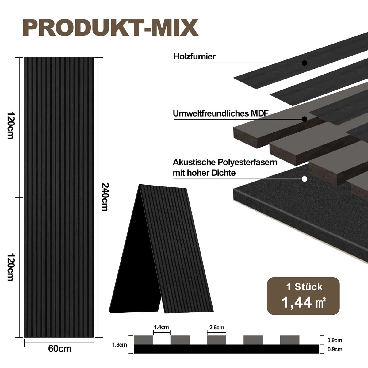 AKK-PANE Akustikpaneele Holz 240x60cm,1,44m² - Faltbar 3D Wandpaneele Holz, Akustik Paneele Wand für Küche, Wohnzimmer, Büro, Umweltfreundlich Holzpaneele Wand mit Schalldämpfung (Mirage Schwarz 22#)