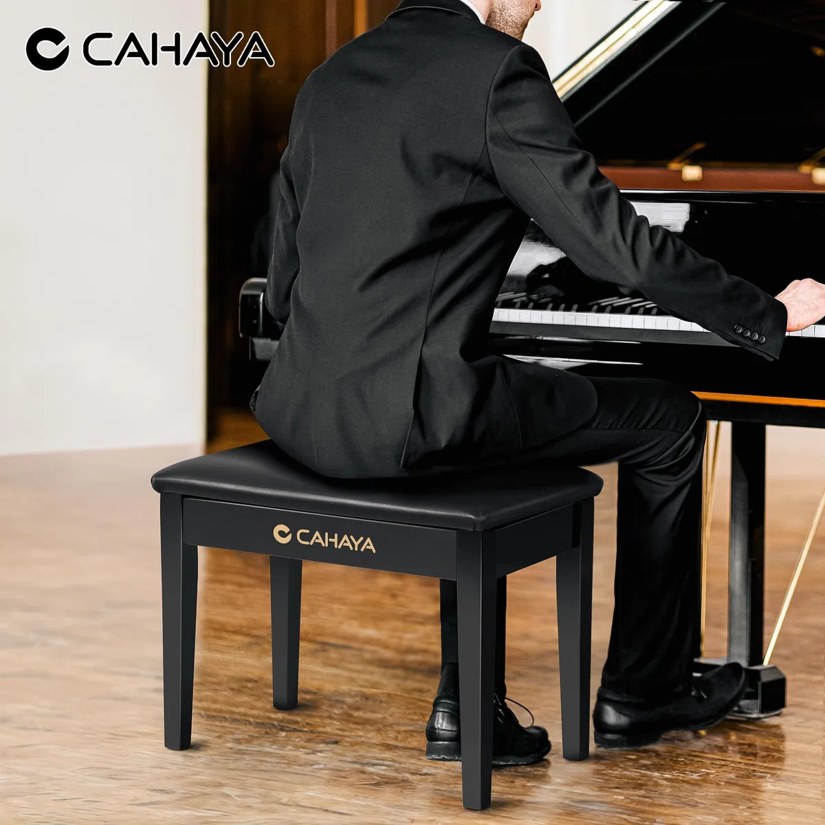 CAHAYA Multifunktional Pianobank mit Stauraum Massivholz: 56 * 34cm PU Leder Gepolsterter Klavierhocker mit Ablagefach - Tragfähigkeit 150 kg Schwarz CY000397