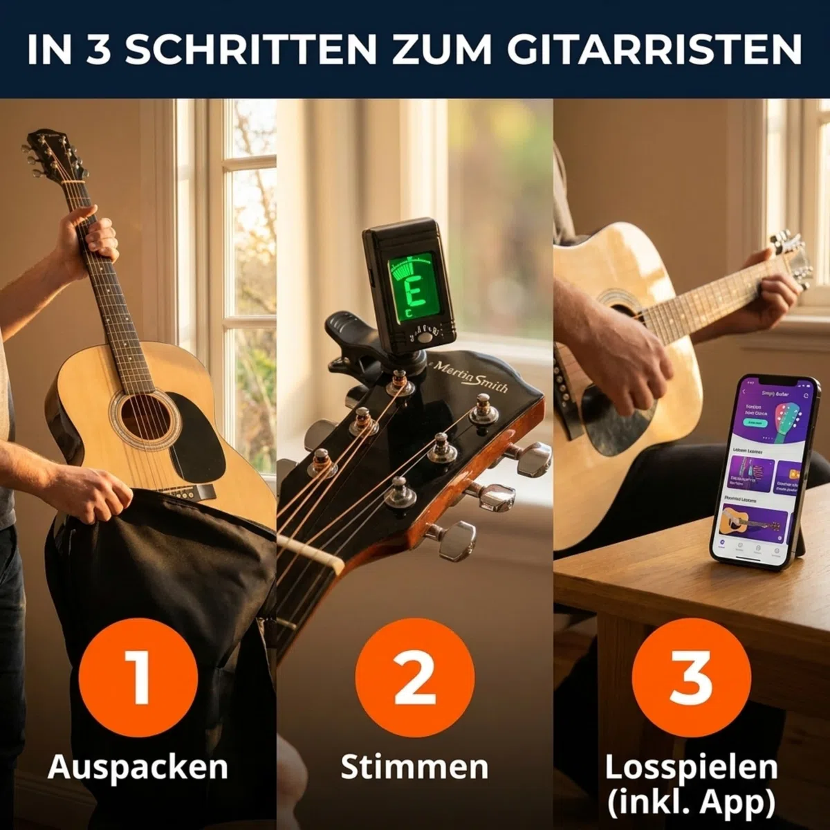 Martin Smith Akustikgitarre mit Gitarrenständer Gitarrentuner Gitarren Tasche Gitarrengurt Gitarre Plektren und Gitarrensaiten Natur