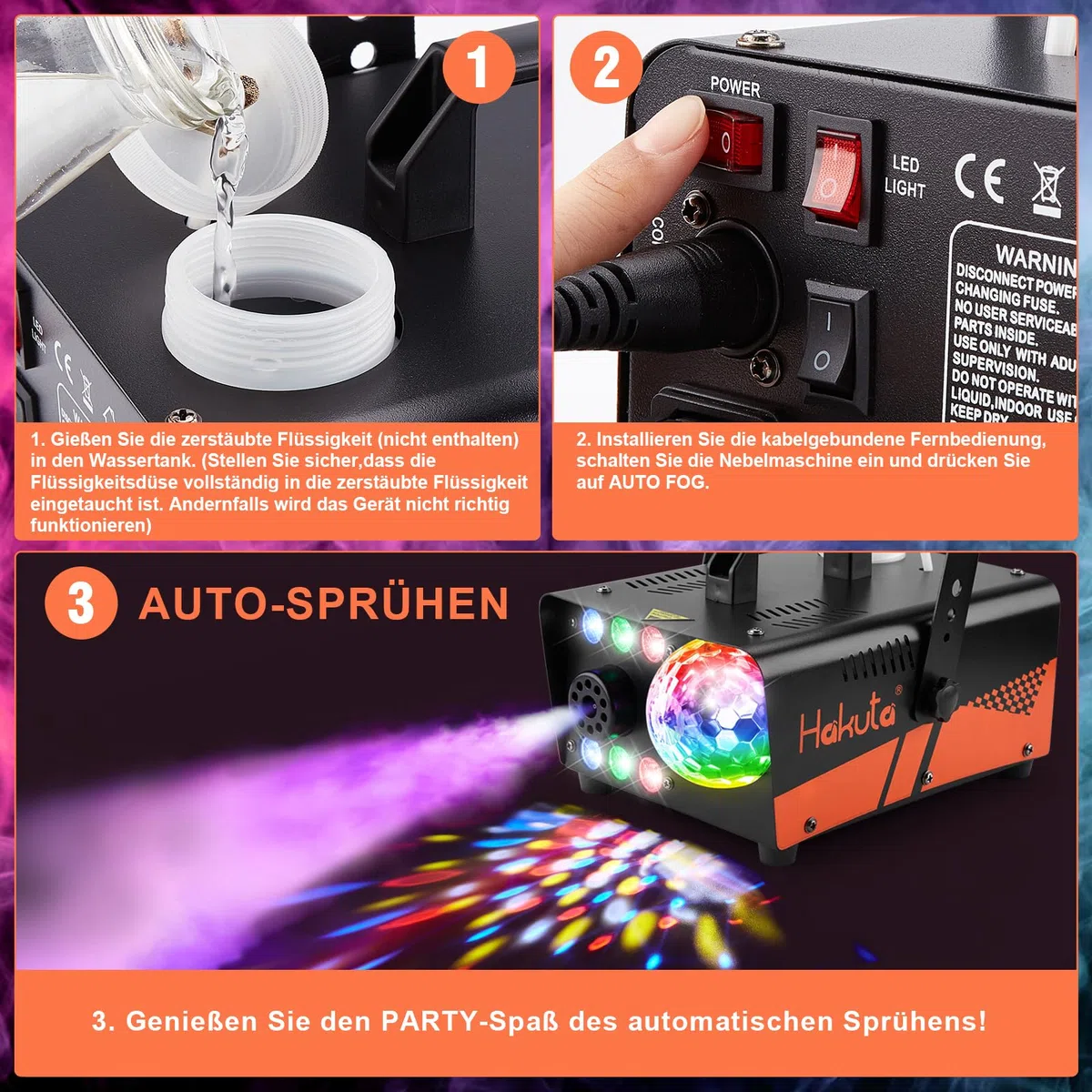 Nebelmaschine, HAKUTA 600 W Fog Machine mit Discokugel und LED RGB Lichtern, 2300 CFM Spray mit Automatischer Sprühfunktion, Ideal für Halloween, Weihnachten, Hochzeit, Bühnenperformance und Partys