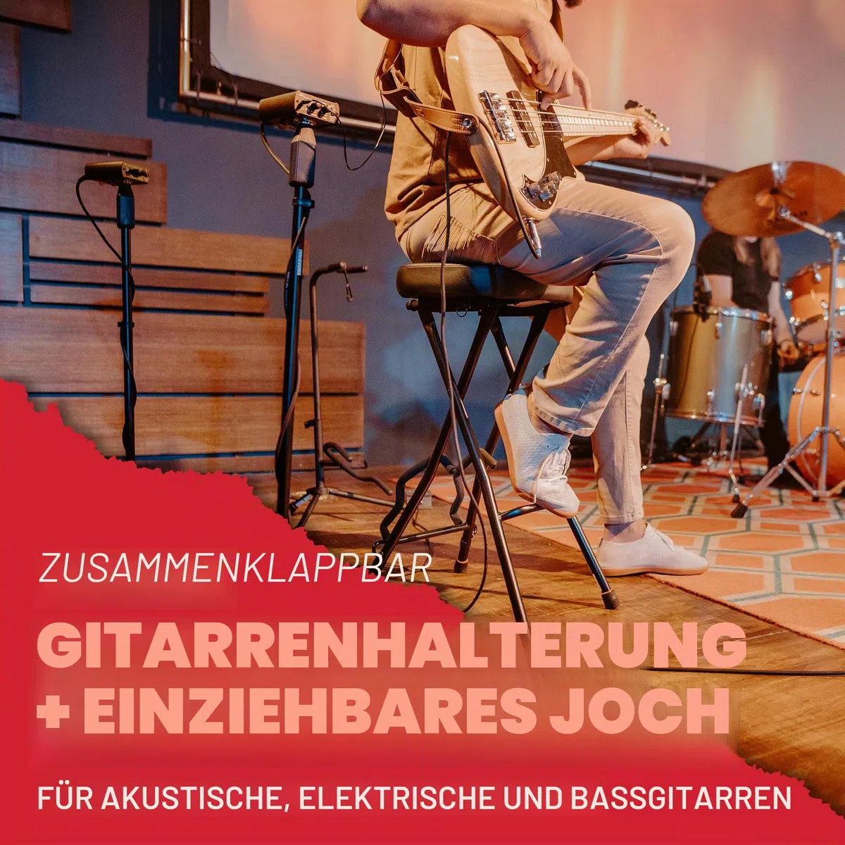 Gator Frameworks Faltbarer Gitarrenhocker mit gepolstertem Sitz und rückseitig montiertem Gitarrenbügel; (GFW-GTRSTOOL)