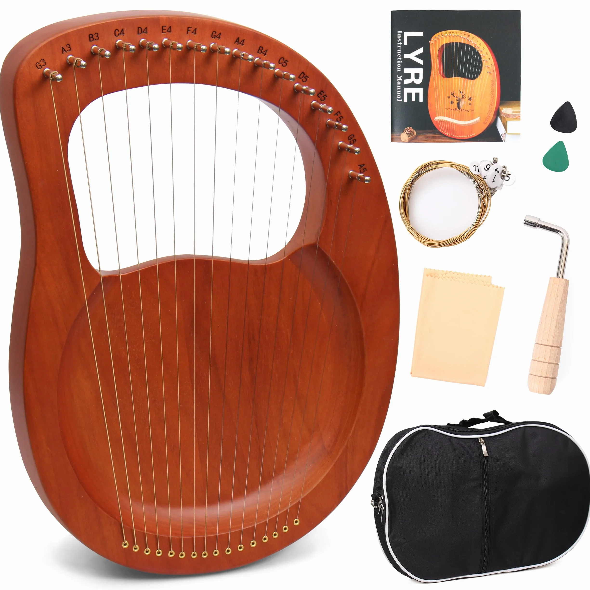 Kleine Lyre Harfe, 16 Saiten, Mahagoni-Laugenharfe mit Metall Saiten, Tragbare Harfe im Antiken Stil mit Stimmschlüssel und Tragetasche, Braun