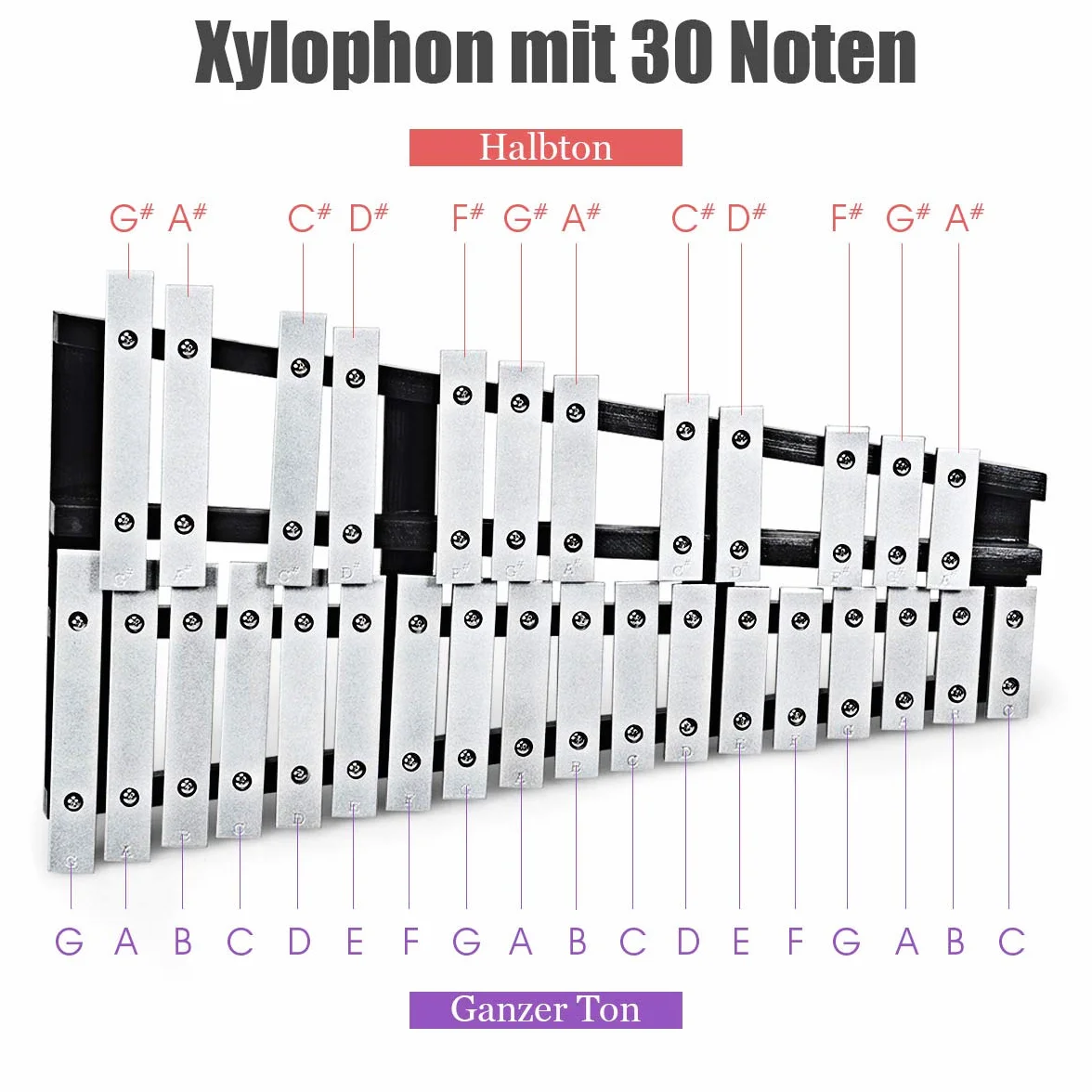 COSTWAY 30 Noten Xylophon Glockenspiel, mit 2 Schlägeln & Tragetasche, Musikinstrument Holz Aluminum, Percussion Geeignet für Kinder und Erwachsene, Weiß+Schwarz