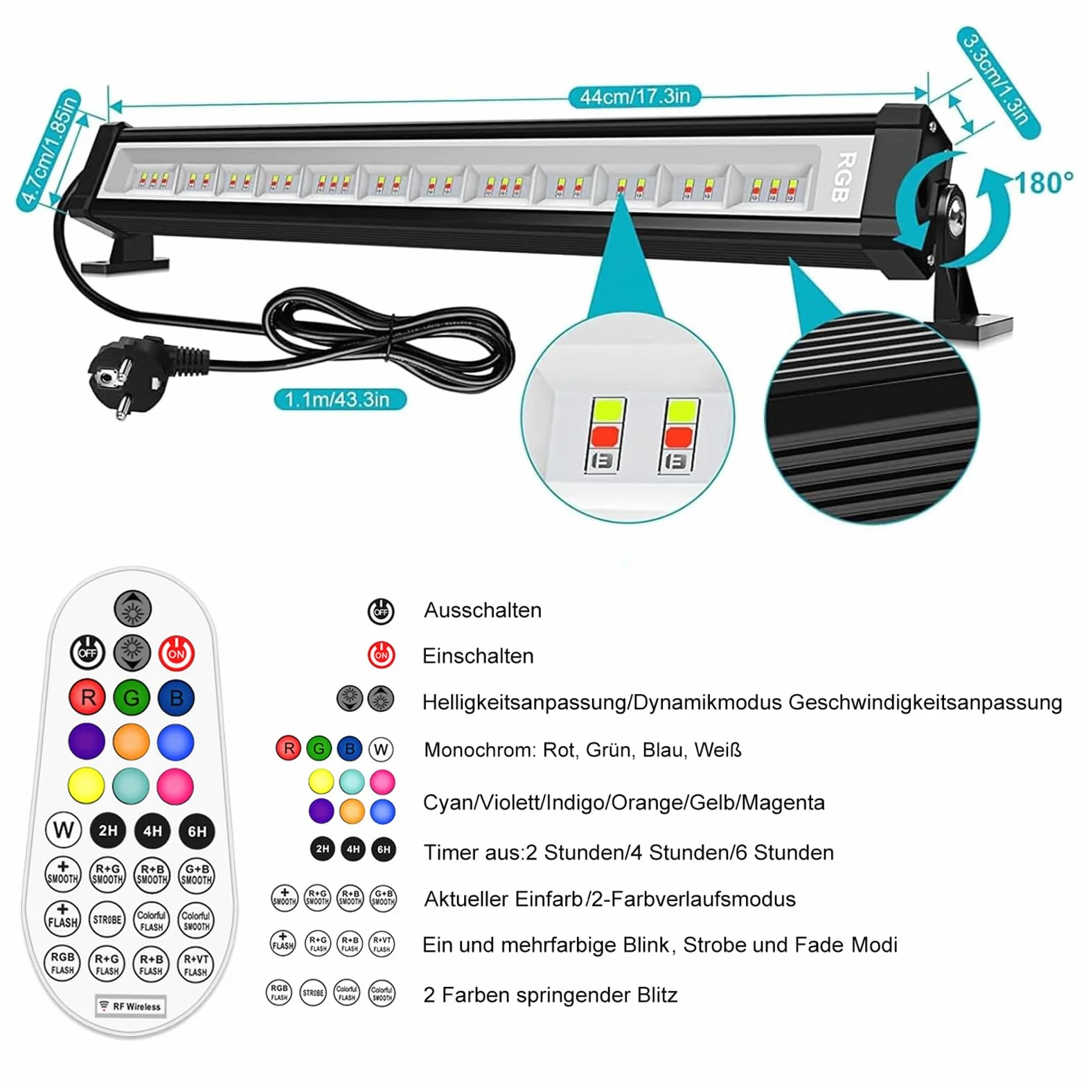 MEIHUA 42W RGB Strahler 10 Farben 30 Modi 6 Helligkeitsstufen IP66 Wasserdicht Wallwasher LED Bar Lichteffekte mit Fernbedienung Partylicht für Außen DJ Party Bühnenlichter Weihnachten Halloween