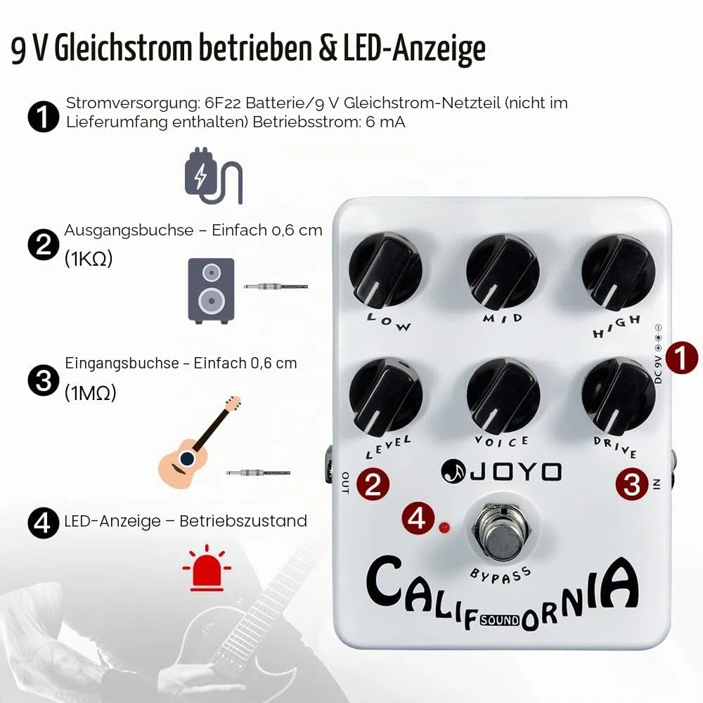 JOYO California Sound Overdrive Distortion Amp Simulator Pedal für Rock-Töne von OD bis Dist (JF-15)