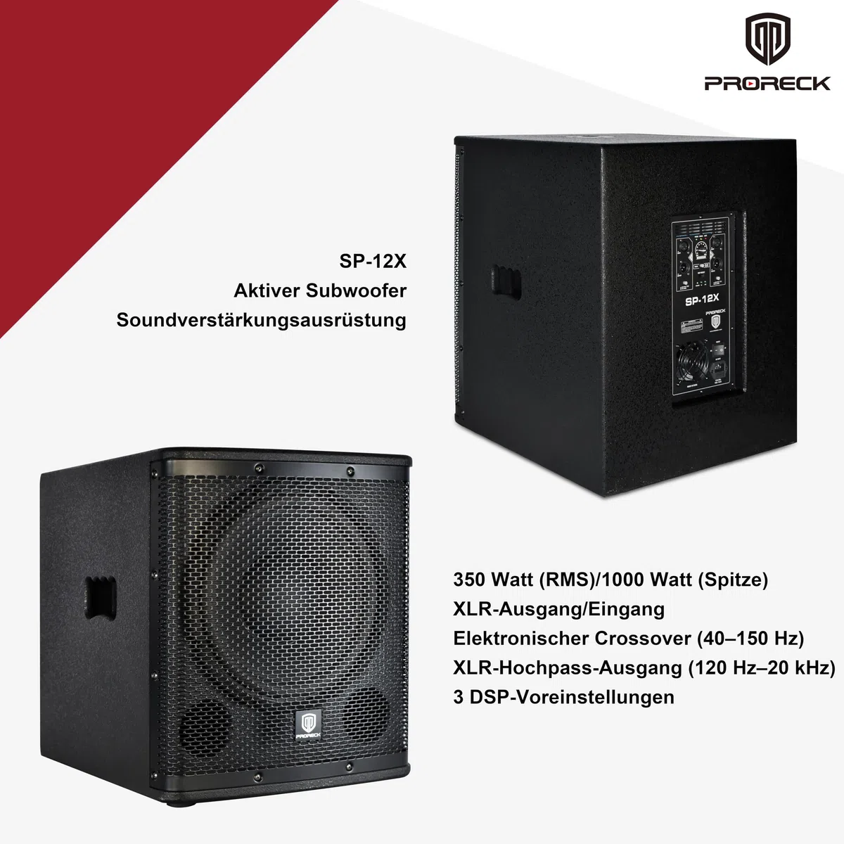 PRORECK SP-12X Aktiver PA-DJ-Subwoofer 12 Zoll 1000W PMPO mit Class-D-Verstärker, 3 DSP-Voreinstellungen (Monitor/Bassverstärkung), Schwarz für Hochzeiten/Partys/Konzerte/Kirchen (1 Subwoofer)