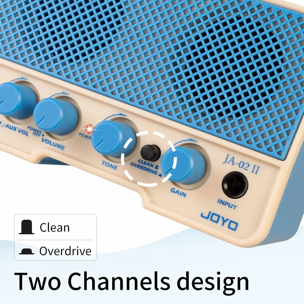 JOYO Combo-Gitarrenverstärker, Bluetooth, 5 W, aufladbar, Kleiner Mini-Übungskopfhörer-Gitarrenverstärker mit Clean- und Overdrive-Kanälen (JA-02 II Blau)