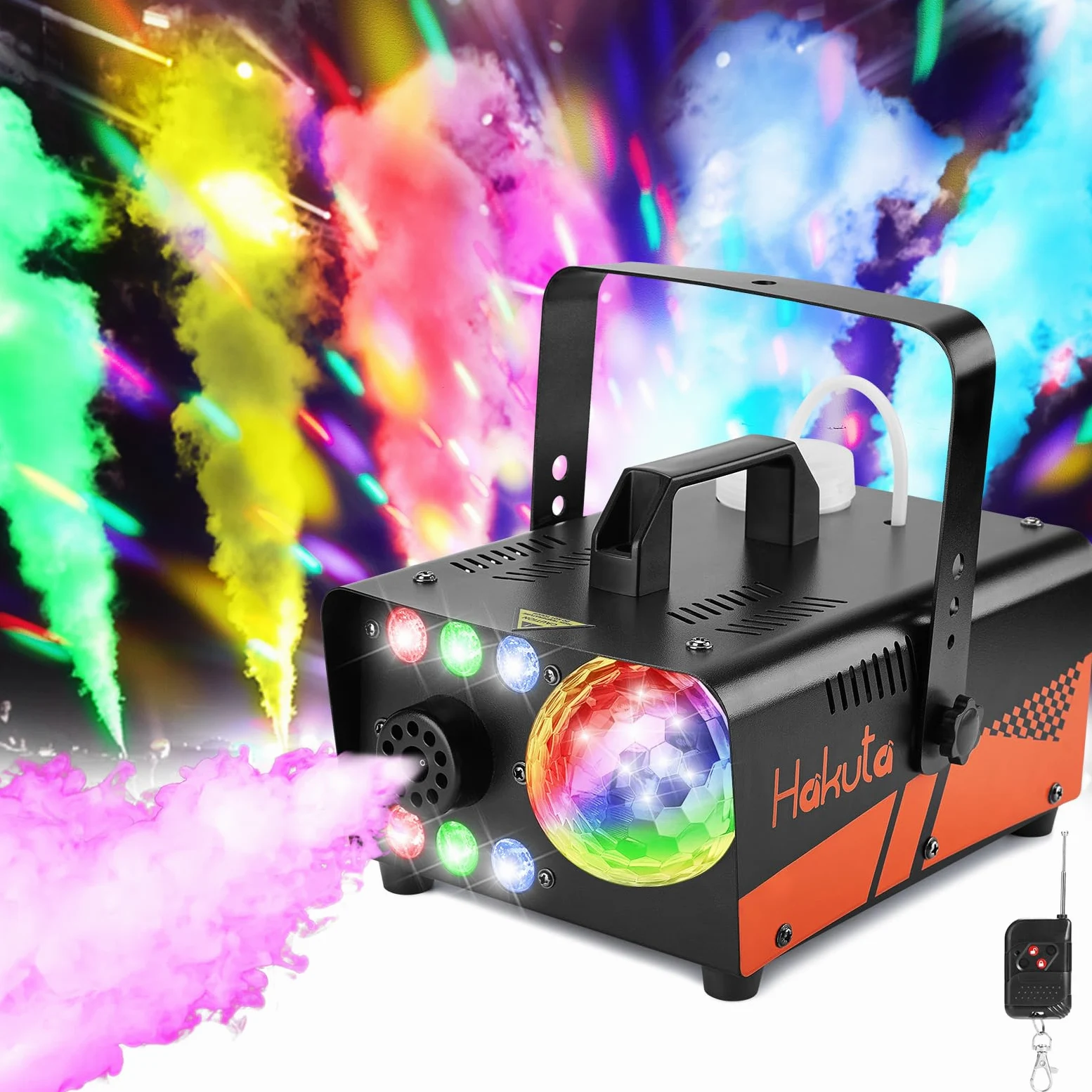 Nebelmaschine, HAKUTA 600 W Fog Machine mit Discokugel und LED RGB Lichtern, 2300 CFM Spray mit Automatischer Sprühfunktion, Ideal für Halloween, Weihnachten, Hochzeit, Bühnenperformance und Partys