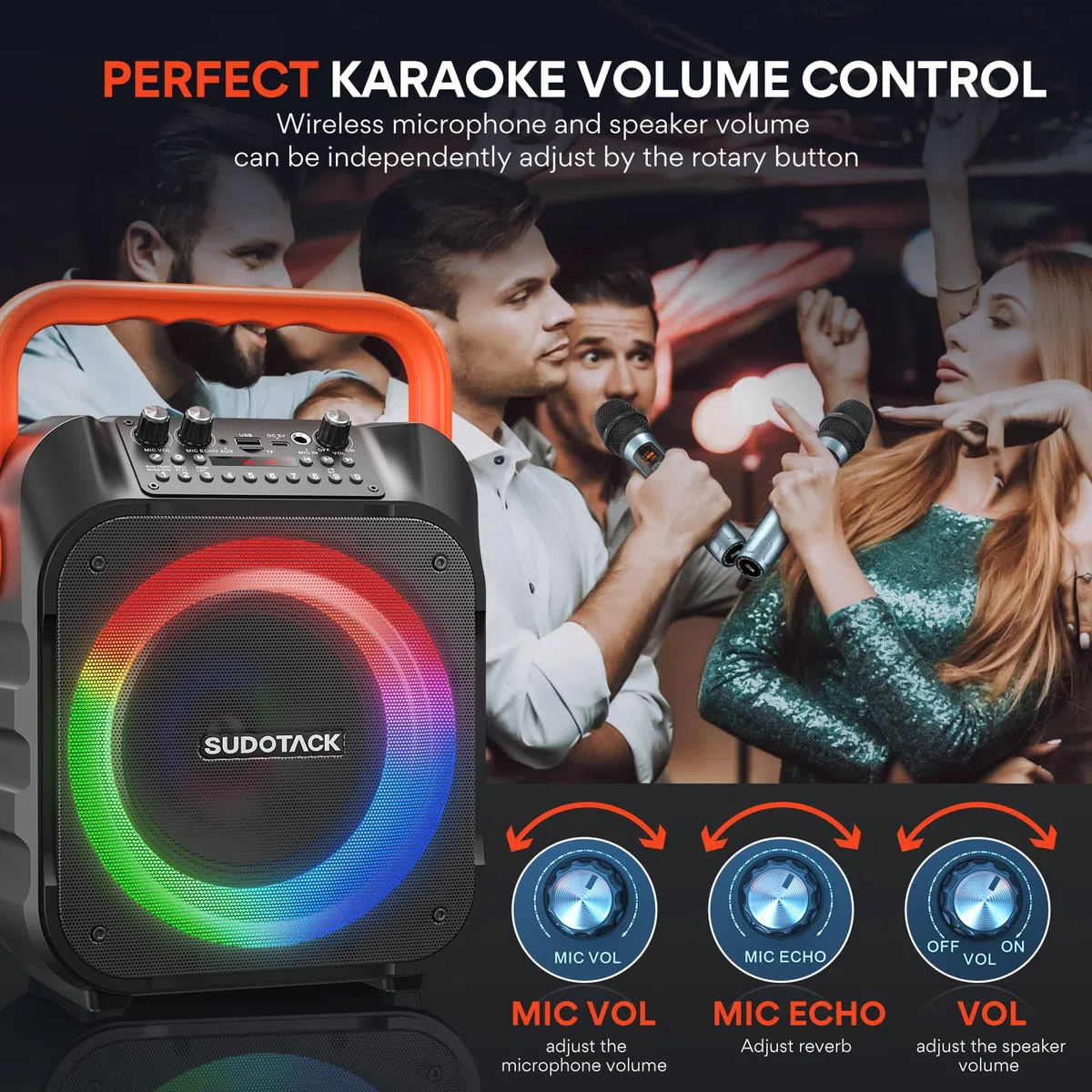 SUDOTACK Tragbare Karaoke Maschine mit 2 kabellose Mikrofone, Bluetooth Lautsprecher Box für Erwachsene/Kinder mit Lichteffekte, Unterstützt TF/USB, AUX in, FM, REC, TWS für Karaoke, Party, Geburtstag