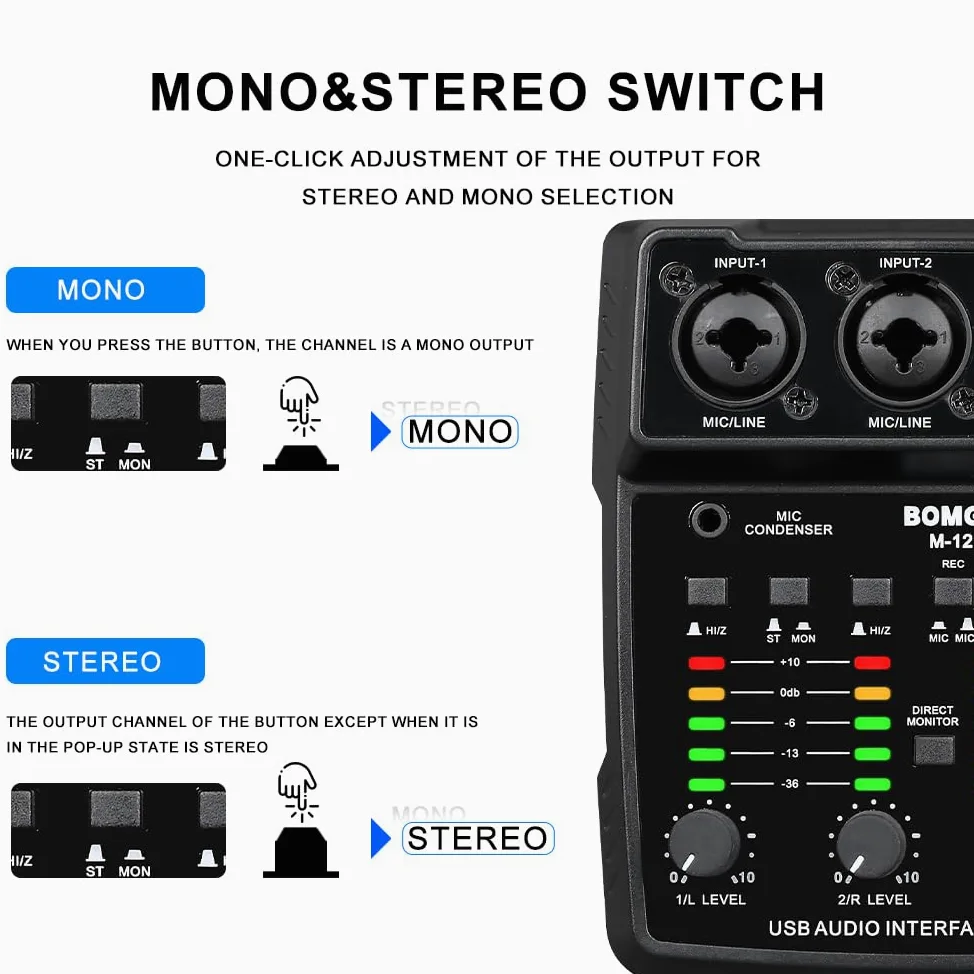BOMGE M12 USB Audio Interface, 2-K Mixer, XLR/3,5 mm Eingang, 48V Netzteil, Soundkarte für PC Aufnahme, Studio, Live-Show, Karaoke, Plug&Play