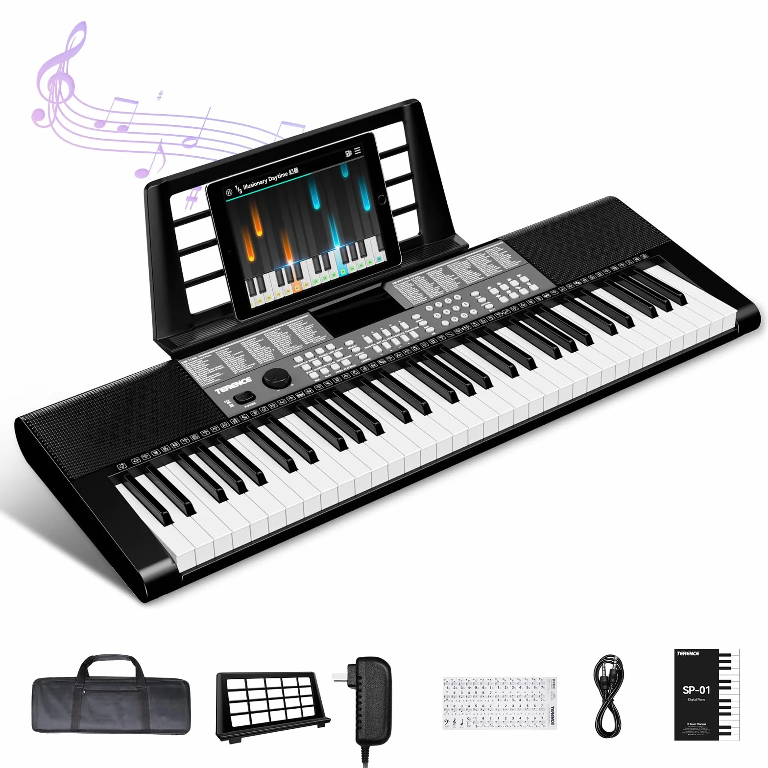 TERENCE Keyboard Piano 61 Tasten Duale HiFi-Lautsprecher e Piano mit 51 Funktionstasten LED-Anzeige Duale Tastatur 2 Stromoptionen Digital Piano Unterstützung für Headset und Mikrofon