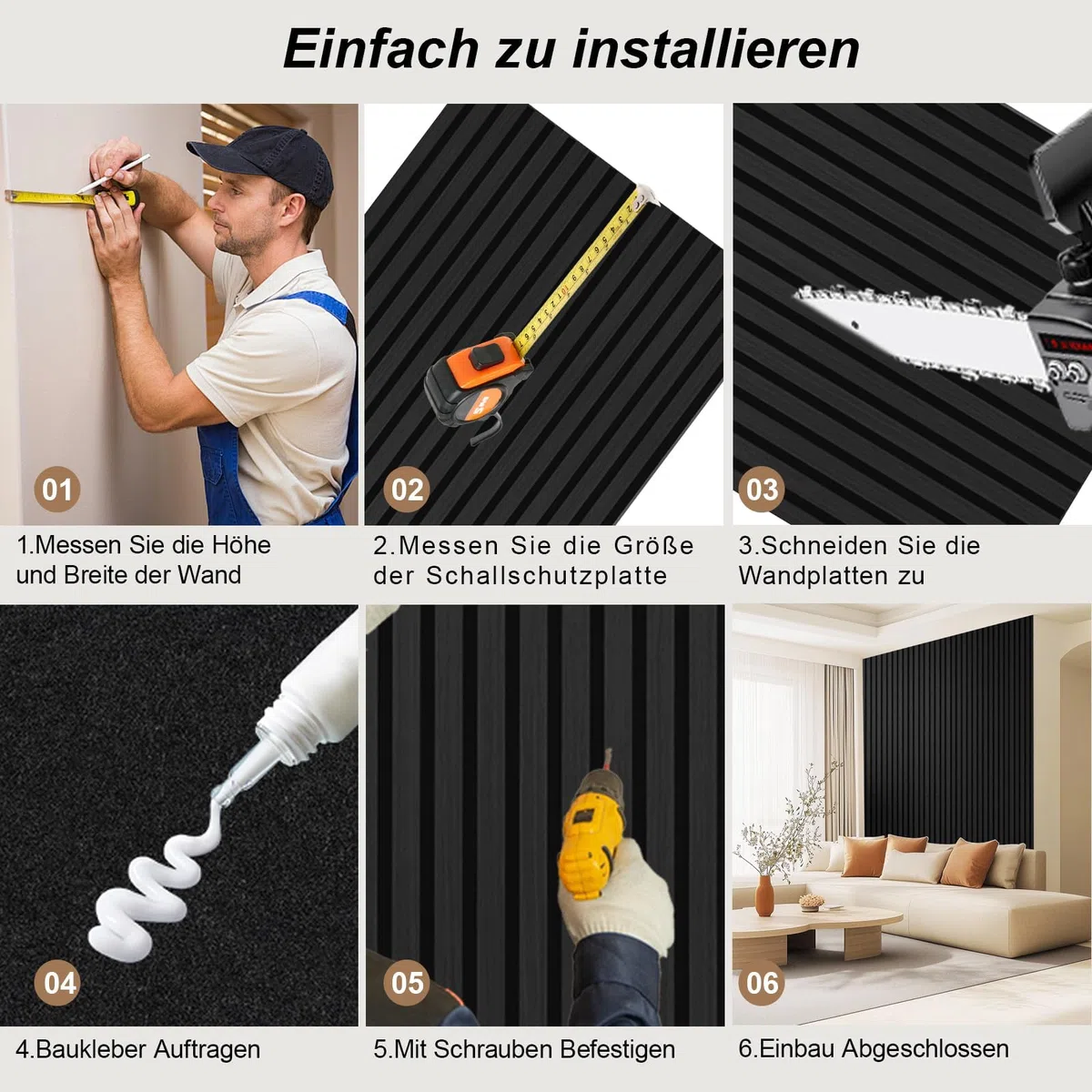 AKK-PANE Akustikpaneele Holz 240x60cm,1,44m² - Faltbar 3D Wandpaneele Holz, Akustik Paneele Wand für Küche, Wohnzimmer, Büro, Umweltfreundlich Holzpaneele Wand mit Schalldämpfung (Mirage Schwarz 22#)