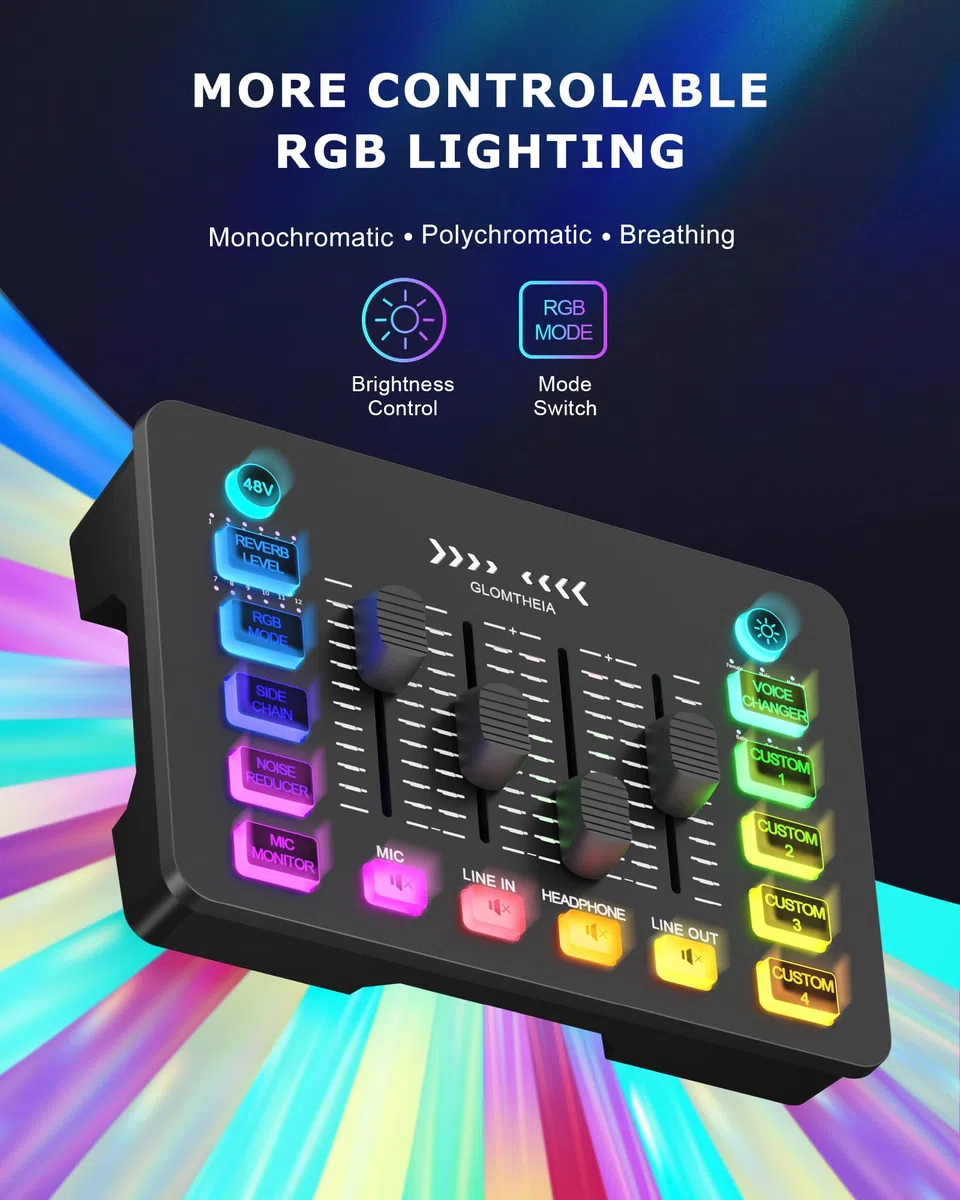 Gaming Sound Board Audio Interface Voice Changer für PC PS4 PS5 Streaming Mixer Soundboard Kompatibel mit XLR Kondensator/Dynamisches Mikrofon